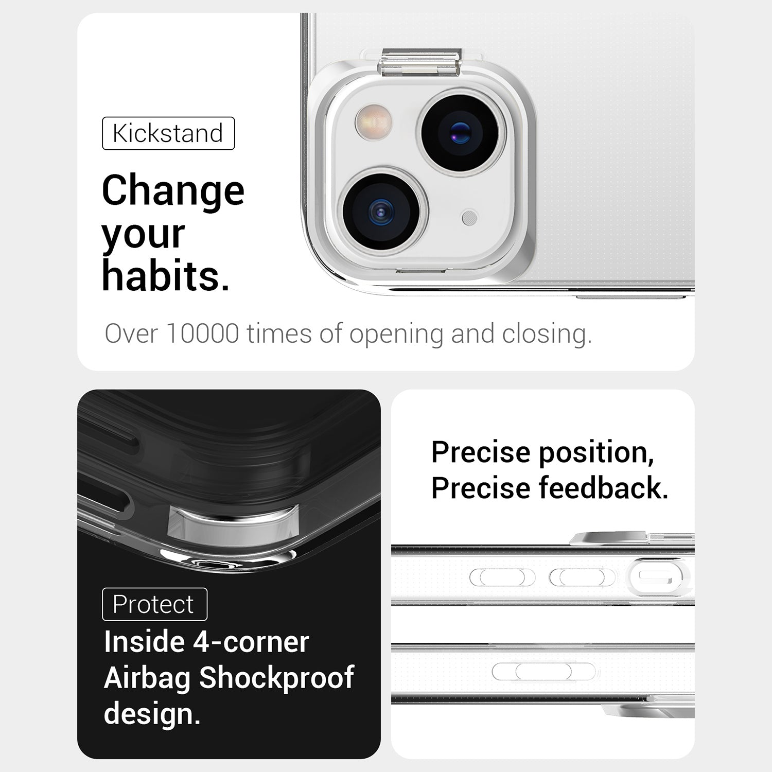 For iPhone 13 6.1 inch 14 Apex Capsule Series Anti-yellowing Phone Case Kickstand Clear 4 Corners Airbags Protective Soft TPU Phone Cover with Metal Camera Frame