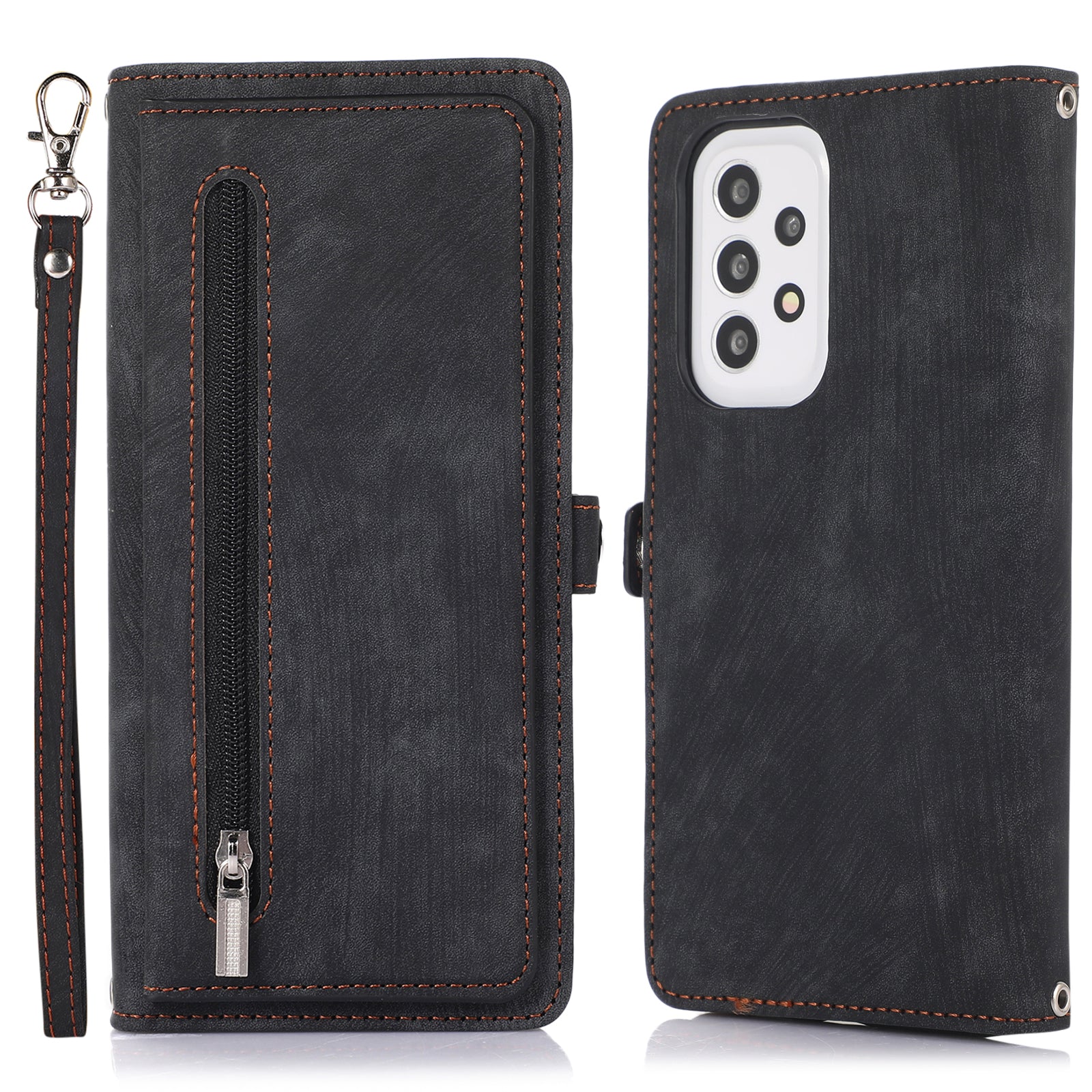 Shockproof Phone Case For Samsung Galaxy A32 4G (US Version) Zipper Pocket Wallet 9 Card Slots Stand PU Leather Phone Cover with Wrist Strap