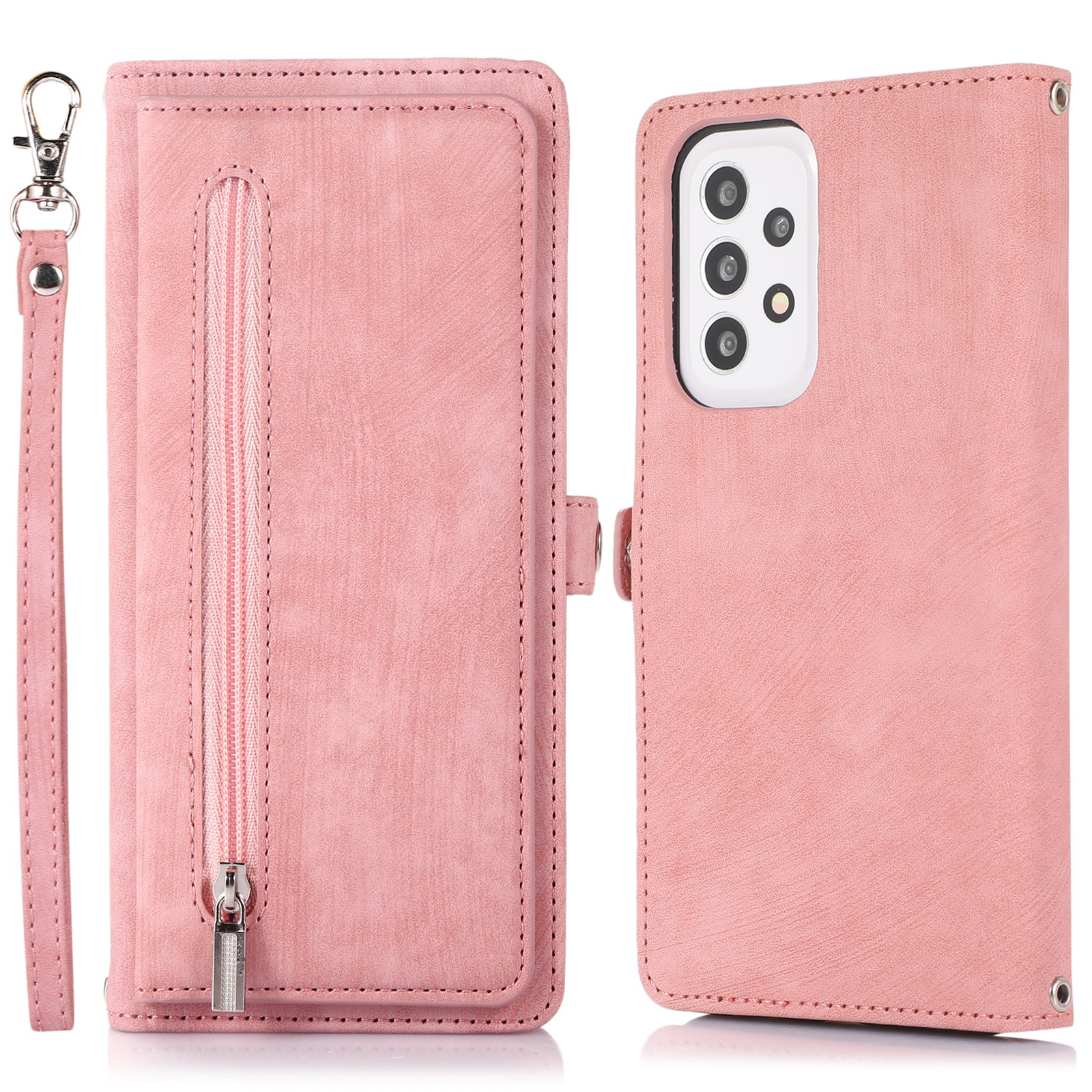 Shockproof Phone Case For Samsung Galaxy A32 4G (US Version) Zipper Pocket Wallet 9 Card Slots Stand PU Leather Phone Cover with Wrist Strap