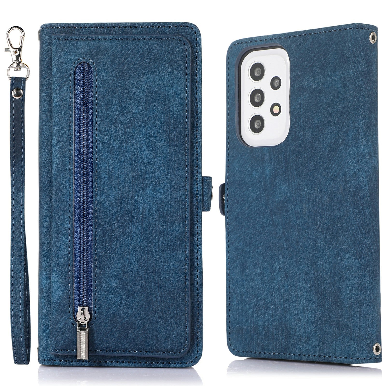 Shockproof Phone Case For Samsung Galaxy A32 4G (US Version) Zipper Pocket Wallet 9 Card Slots Stand PU Leather Phone Cover with Wrist Strap