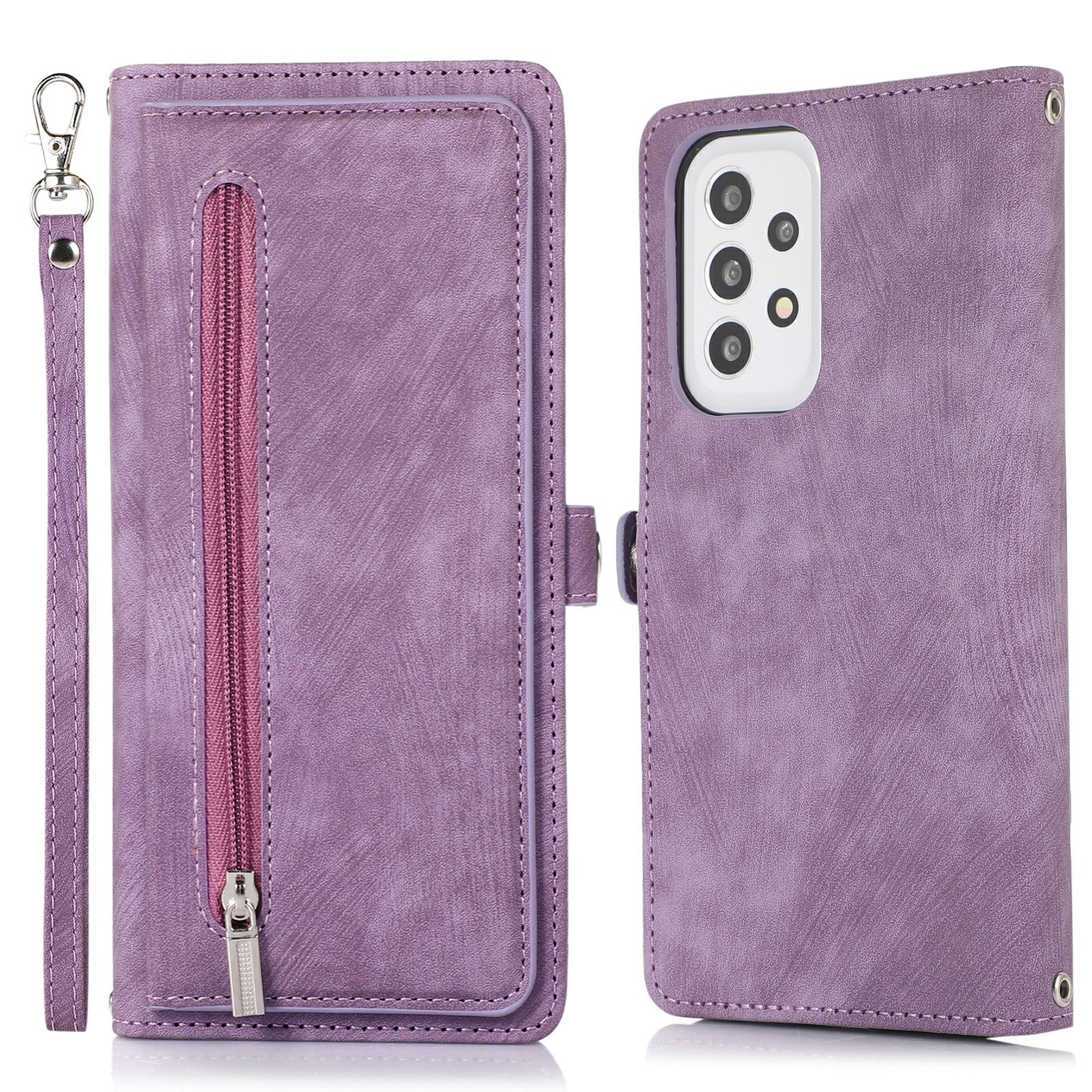 Shockproof Phone Case For Samsung Galaxy A32 4G (US Version) Zipper Pocket Wallet 9 Card Slots Stand PU Leather Phone Cover with Wrist Strap