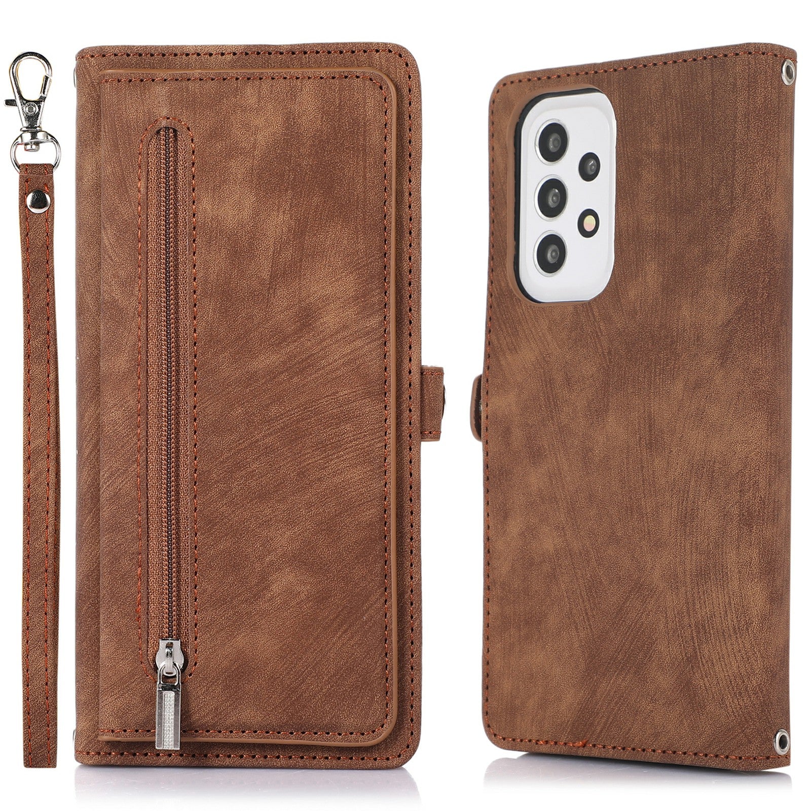 Shockproof Phone Case For Samsung Galaxy A32 4G (US Version) Zipper Pocket Wallet 9 Card Slots Stand PU Leather Phone Cover with Wrist Strap
