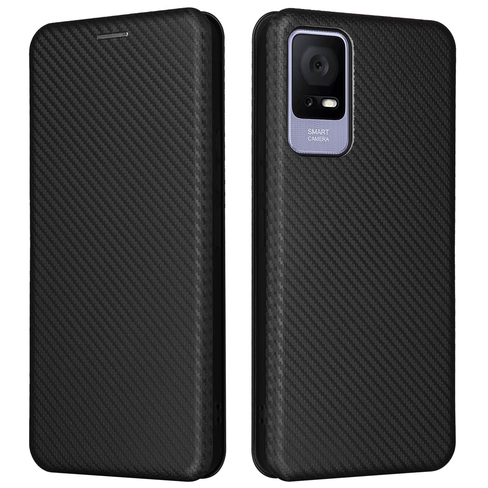 Card Slot Phone Case for TCL 405 Carbon Fiber Texture Magnetic Auto-absorbed PU Leather Full Protection Stand Cover