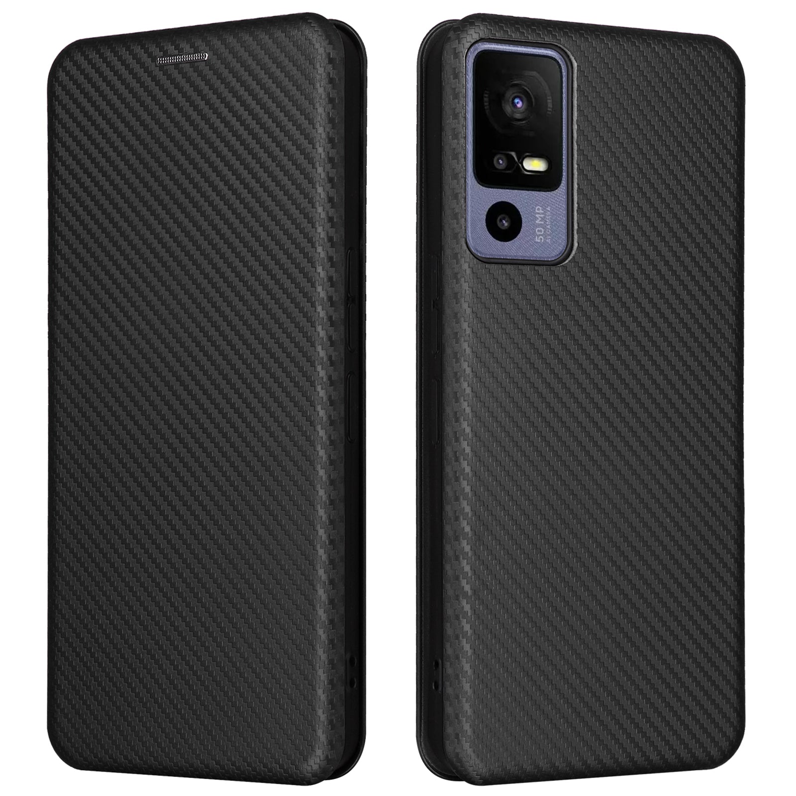 For TCL 40R 5G Magnetic Auto-absorbed Carbon Fiber Texture Phone Case Folio Flip PU Leather Stand Card Holder Cover