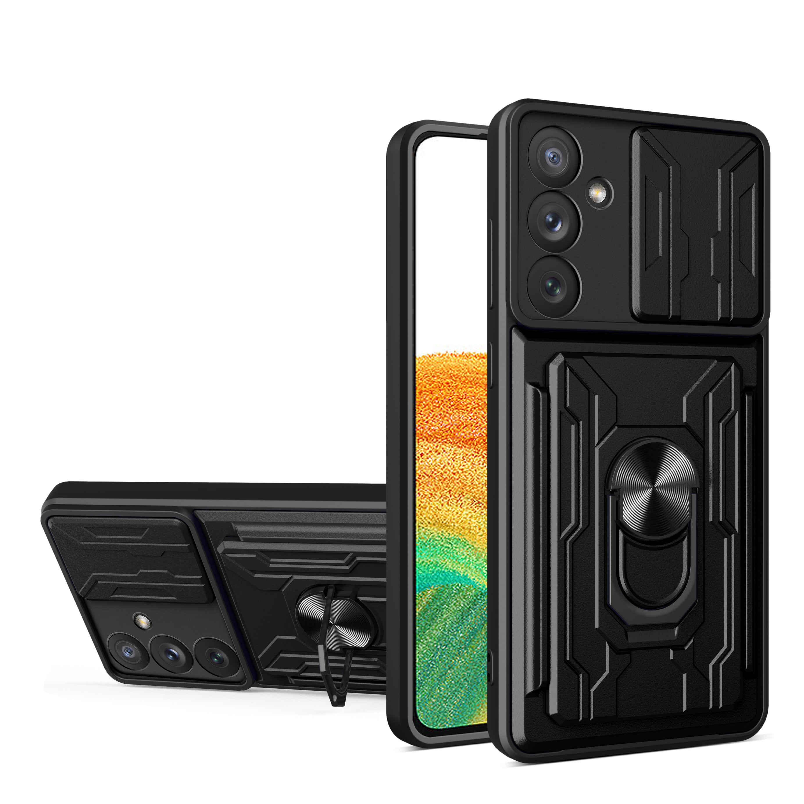 For Samsung Galaxy A34 5G Card Holder Design Ring Kickstand Phone Case Slide Camera Protection PC TPU Shockproof Cover