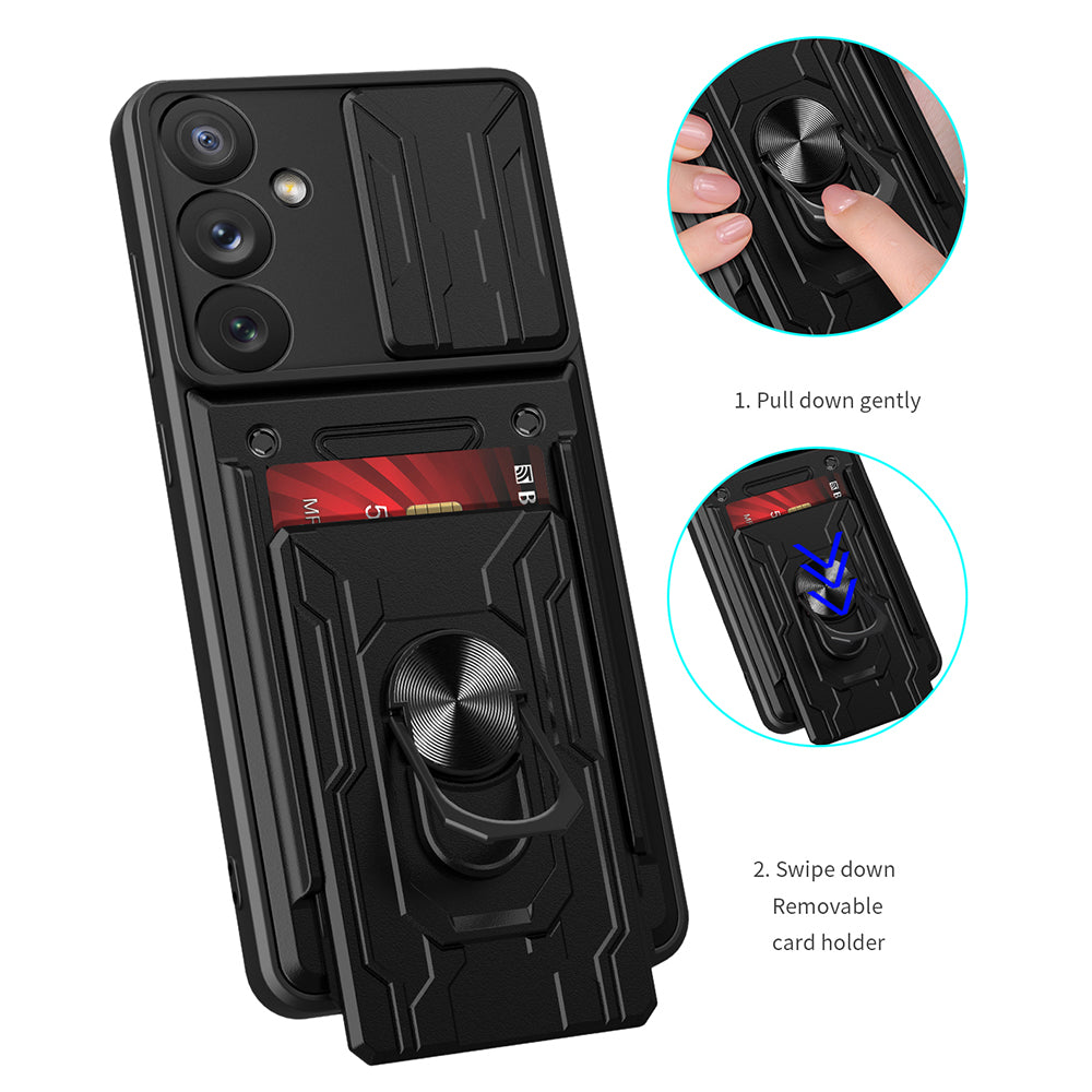 For Samsung Galaxy A34 5G Card Holder Design Ring Kickstand Phone Case Slide Camera Protection PC TPU Shockproof Cover