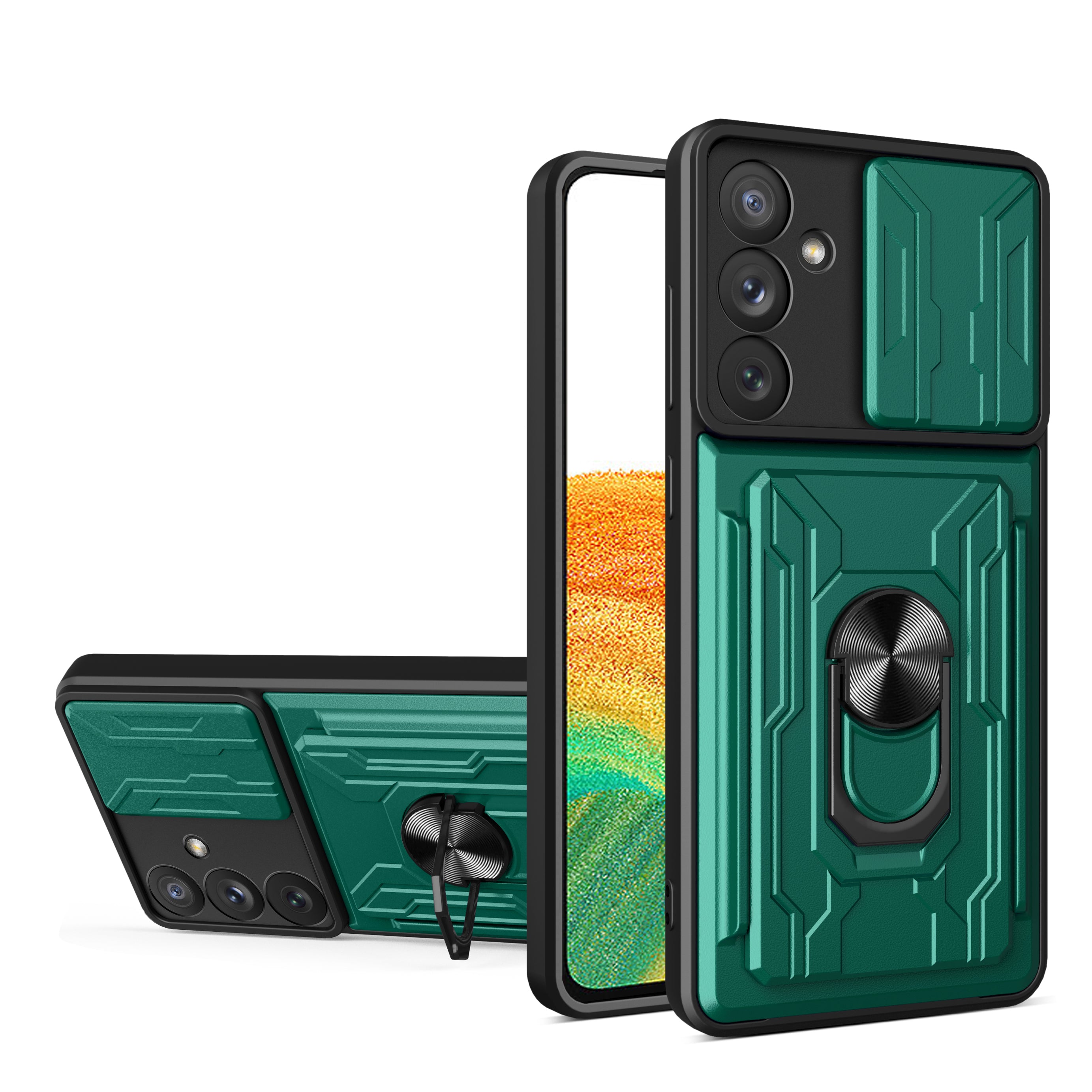 For Samsung Galaxy A34 5G Card Holder Design Ring Kickstand Phone Case Slide Camera Protection PC TPU Shockproof Cover