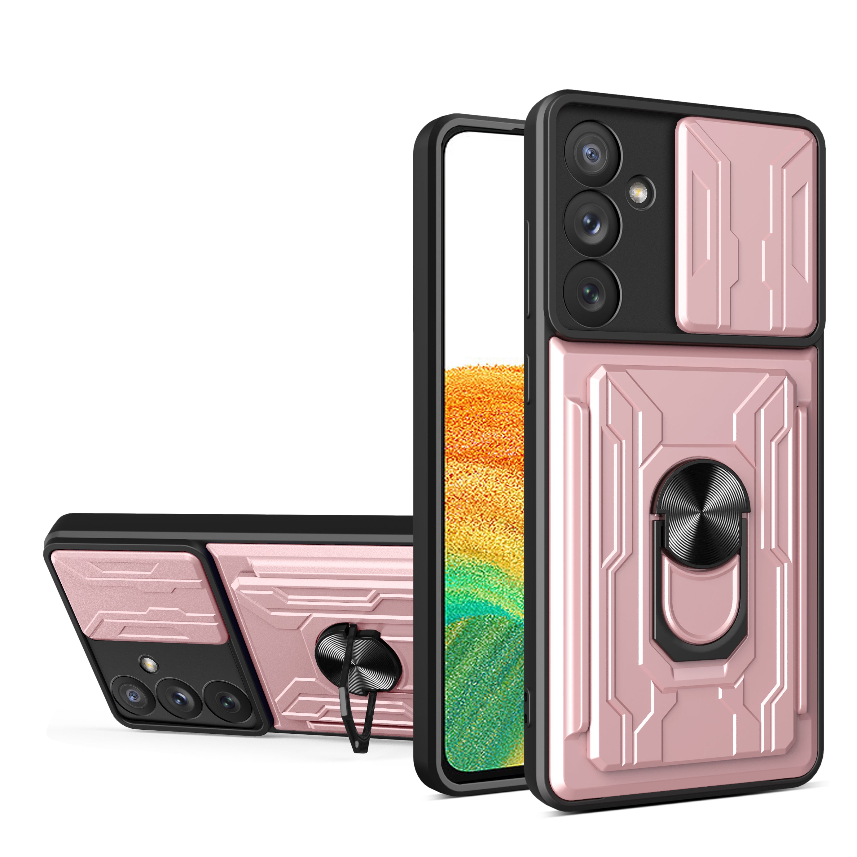 For Samsung Galaxy A34 5G Card Holder Design Ring Kickstand Phone Case Slide Camera Protection PC TPU Shockproof Cover