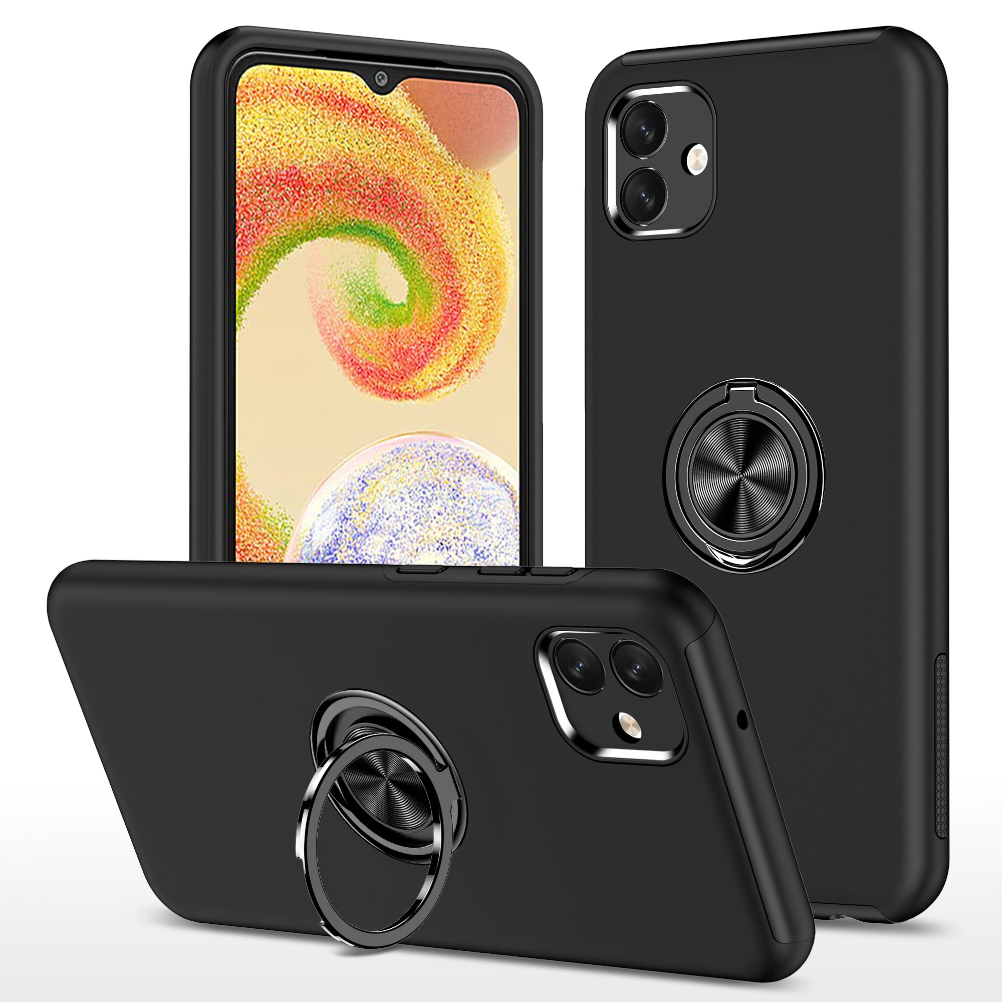 For Samsung Galaxy A04 4G (164.4 x 76.3 x 9.1 mm) Rotary Ring Kickstand Phone Case Hard PC Soft TPU Anti-drop Cover