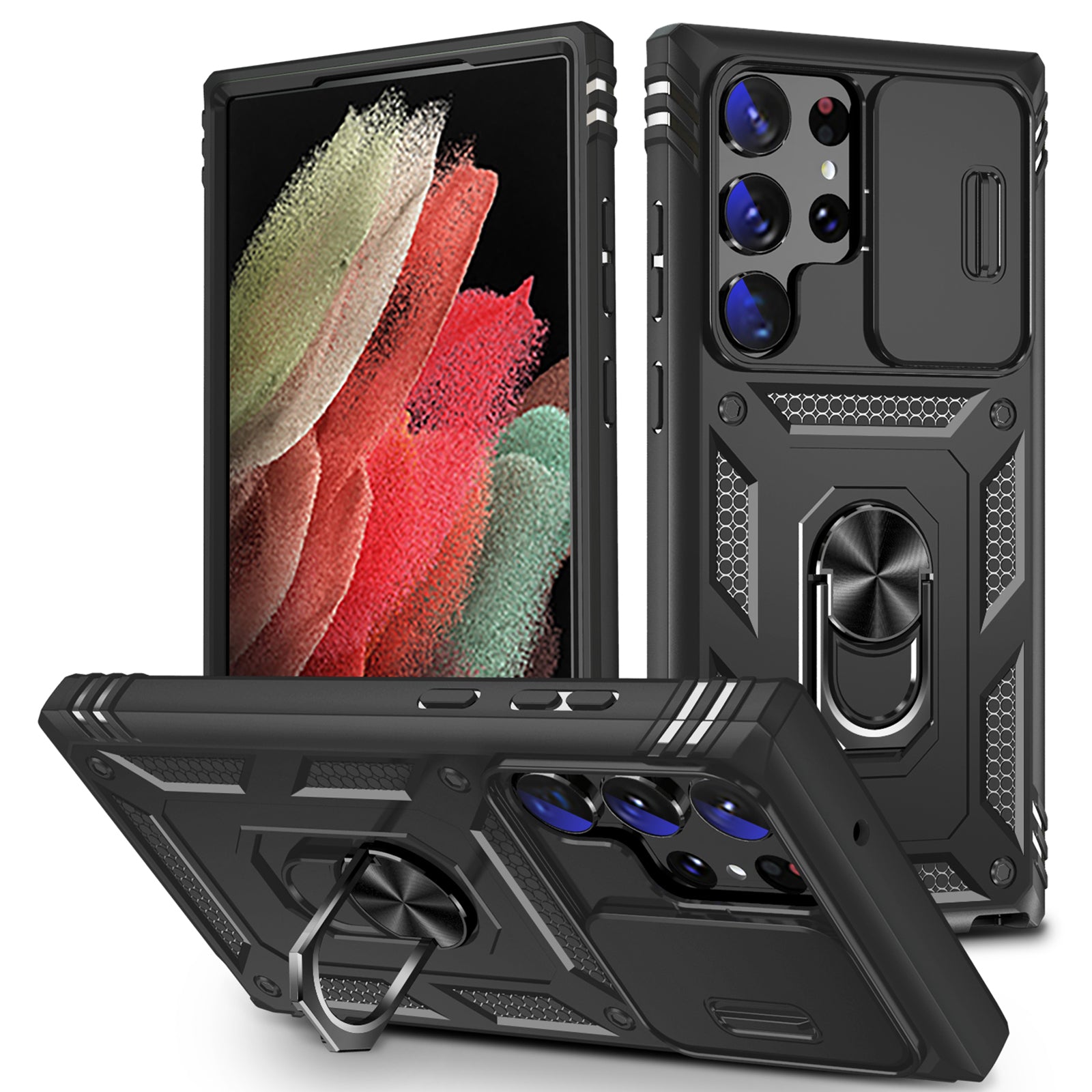 For Samsung Galaxy S23 Ultra Protective Phone Case with Ring Kickstand Card Holder Phone Back Cover with Sliding Camera Lid