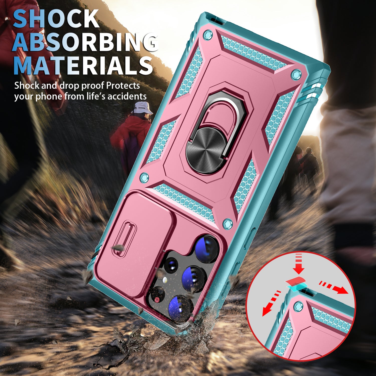 For Samsung Galaxy S23 Ultra Protective Phone Case with Ring Kickstand Card Holder Phone Back Cover with Sliding Camera Lid