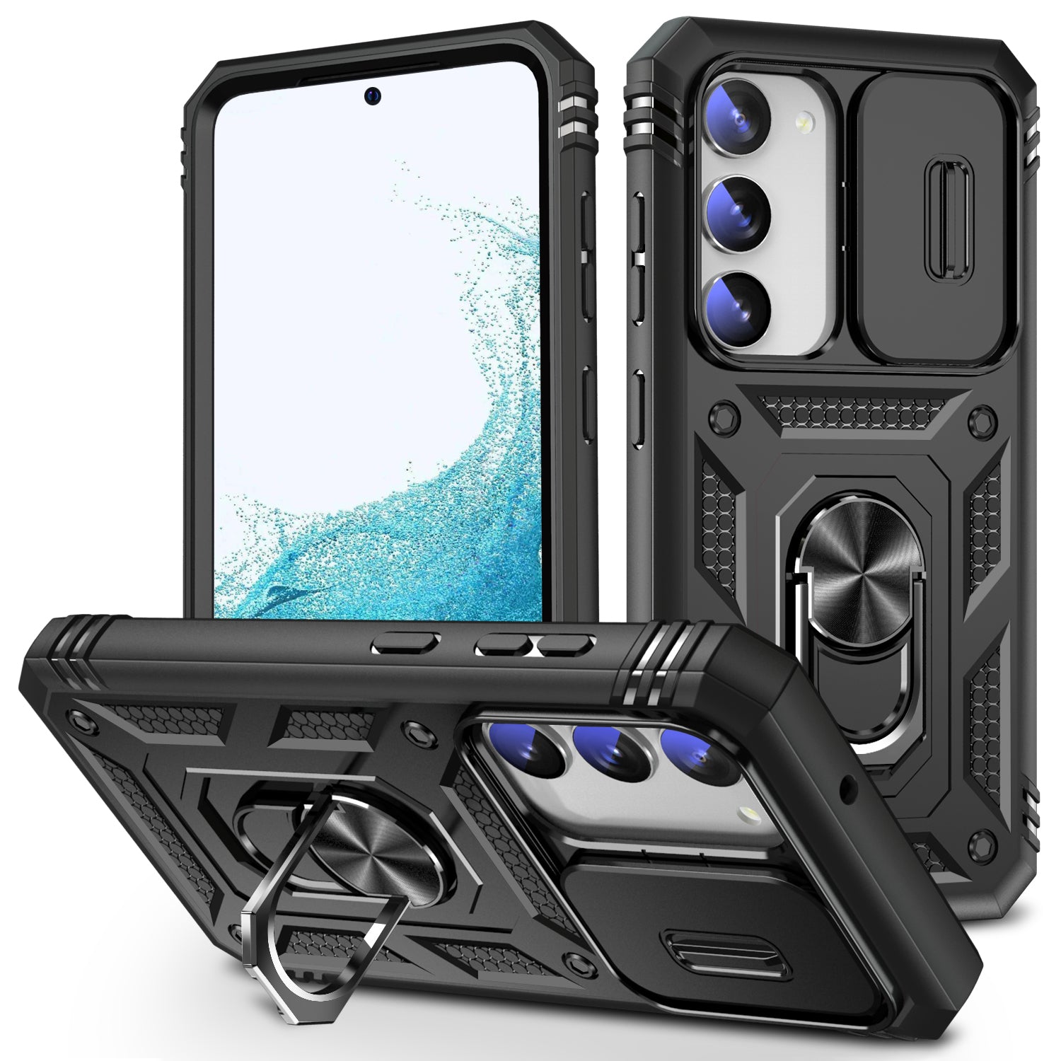 For Samsung Galaxy S23 Bump Proof Phone Case with Ring Kickstand Card Holder Phone Back Cover with Sliding Camera Lid