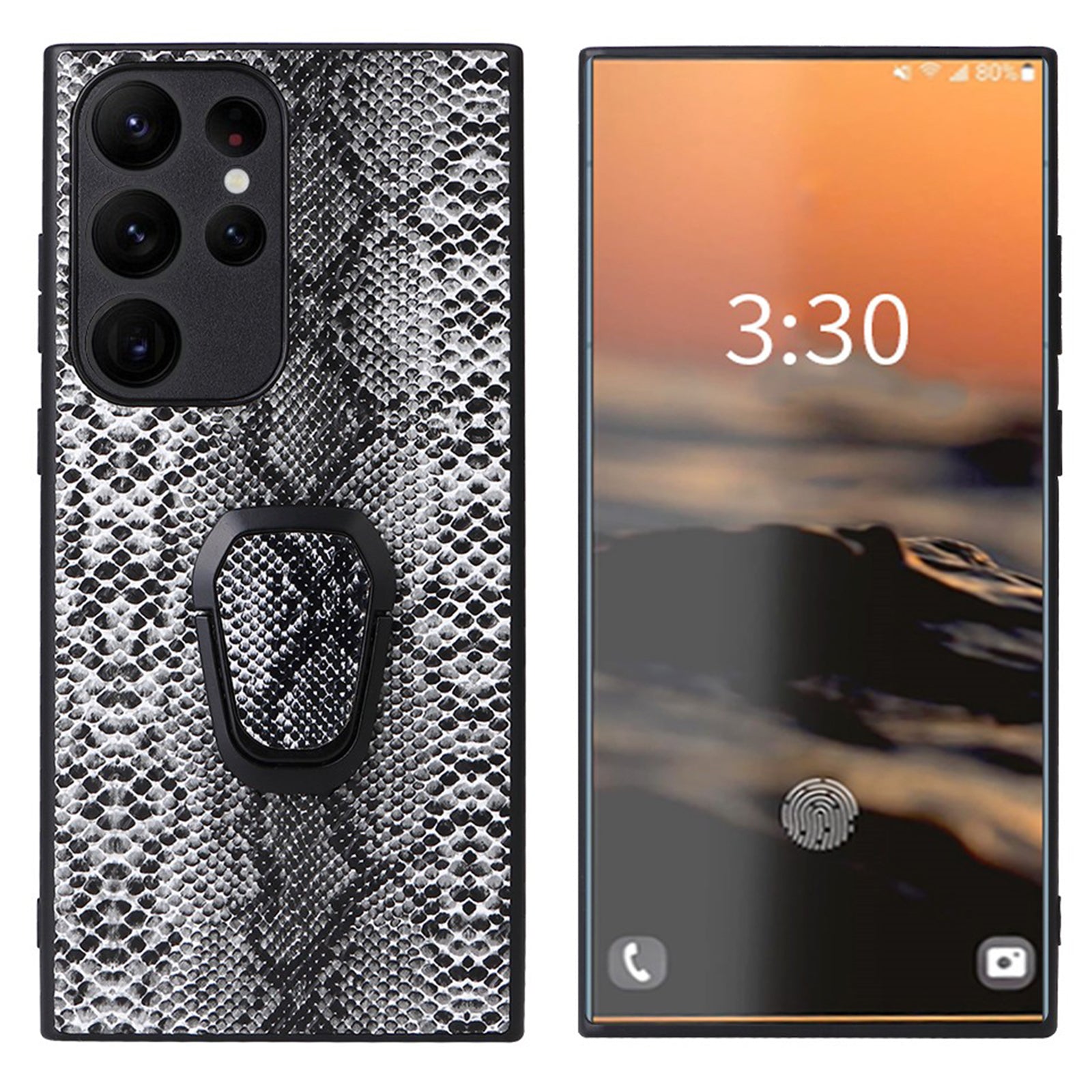 For Samsung Galaxy S23 Ultra Kickstand Camera Protection Phone Case Textured PU Leather Coated TPU PC Anti-Scratch Lining Inside Cover