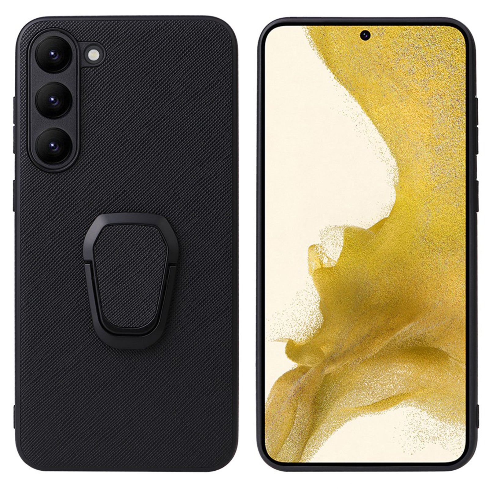 For Samsung Galaxy S23 Soft Lining Shockproof Protective Cover Textured PU Leather Coated TPU PC Kickstand Phone Case