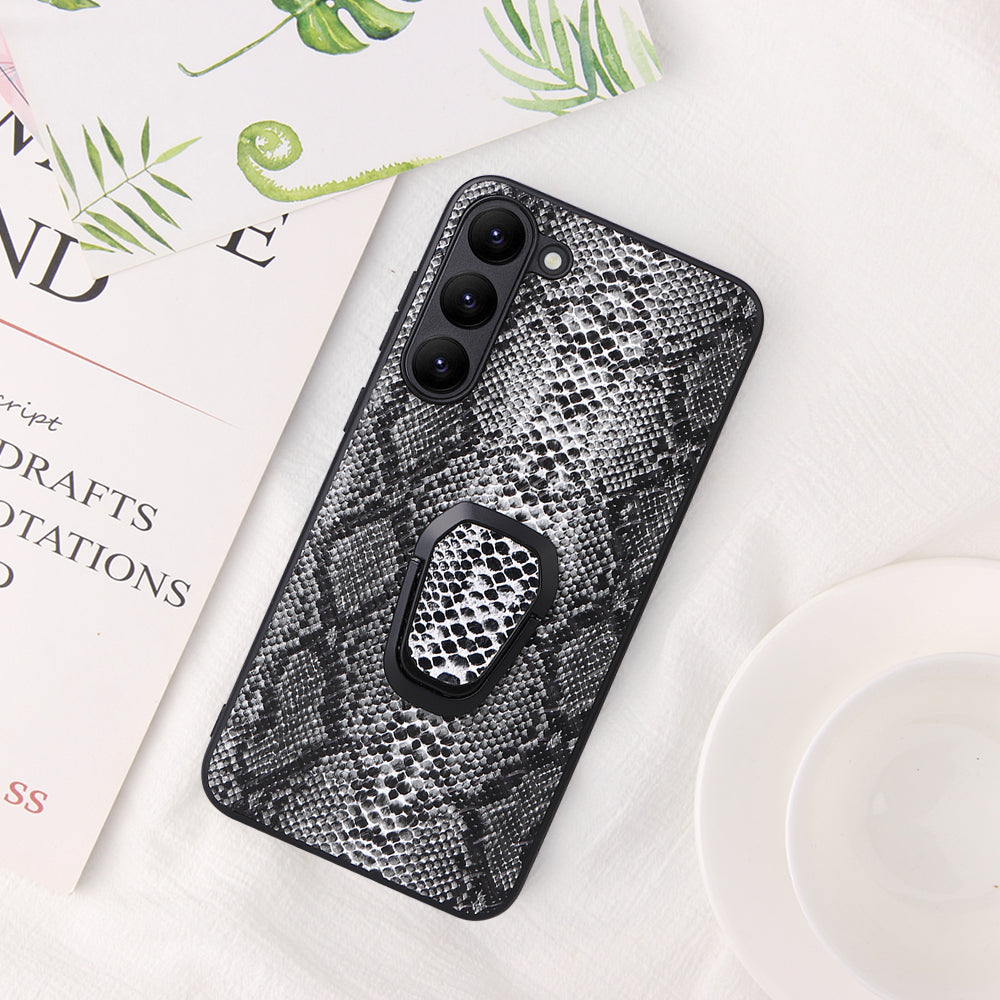 For Samsung Galaxy S23 Soft Lining Shockproof Protective Cover Textured PU Leather Coated TPU PC Kickstand Phone Case