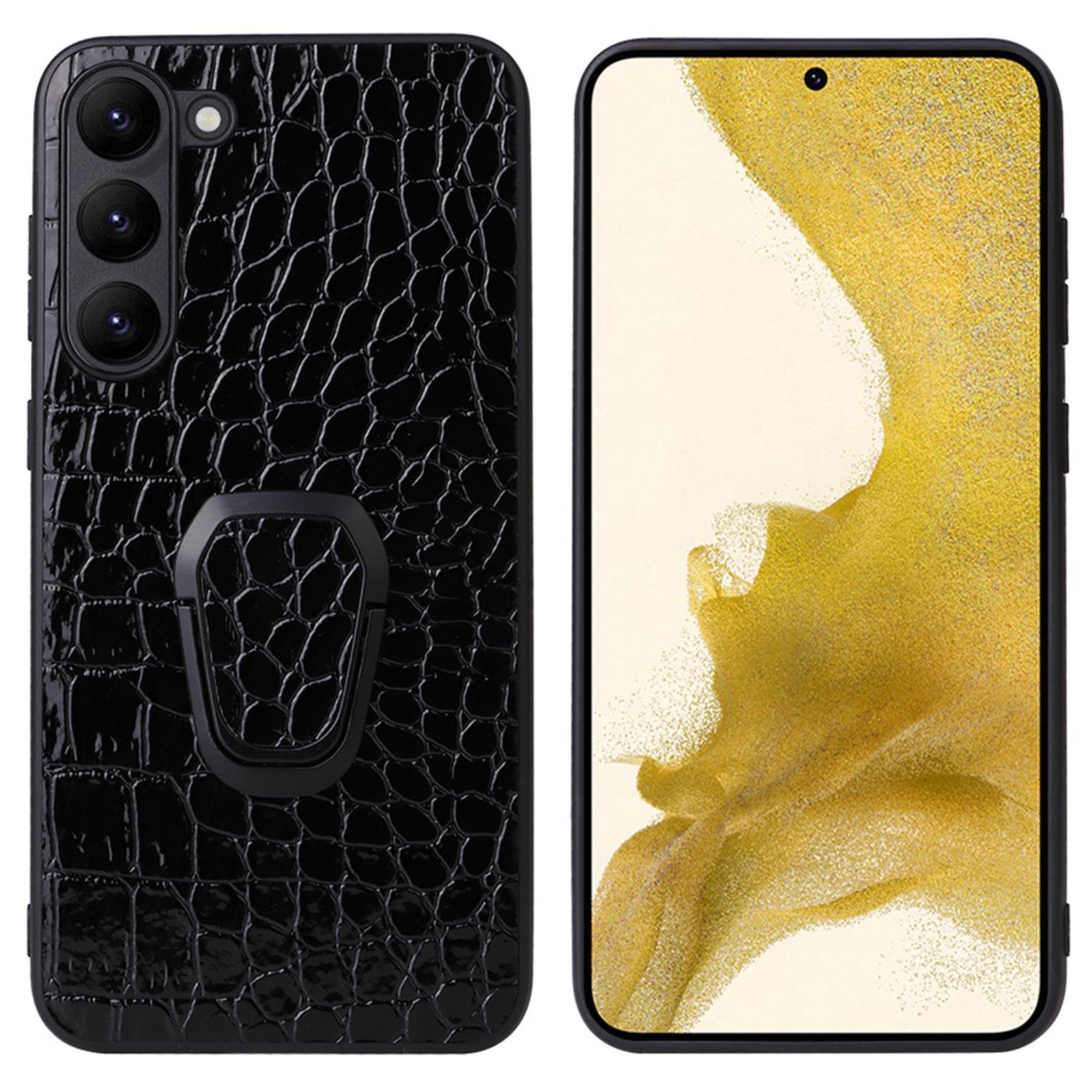 For Samsung Galaxy S23 Soft Lining Shockproof Protective Cover Textured PU Leather Coated TPU PC Kickstand Phone Case