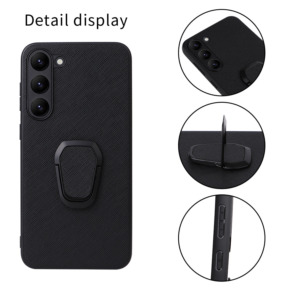 For Samsung Galaxy S23 Soft Lining Shockproof Protective Cover Textured PU Leather Coated TPU PC Kickstand Phone Case