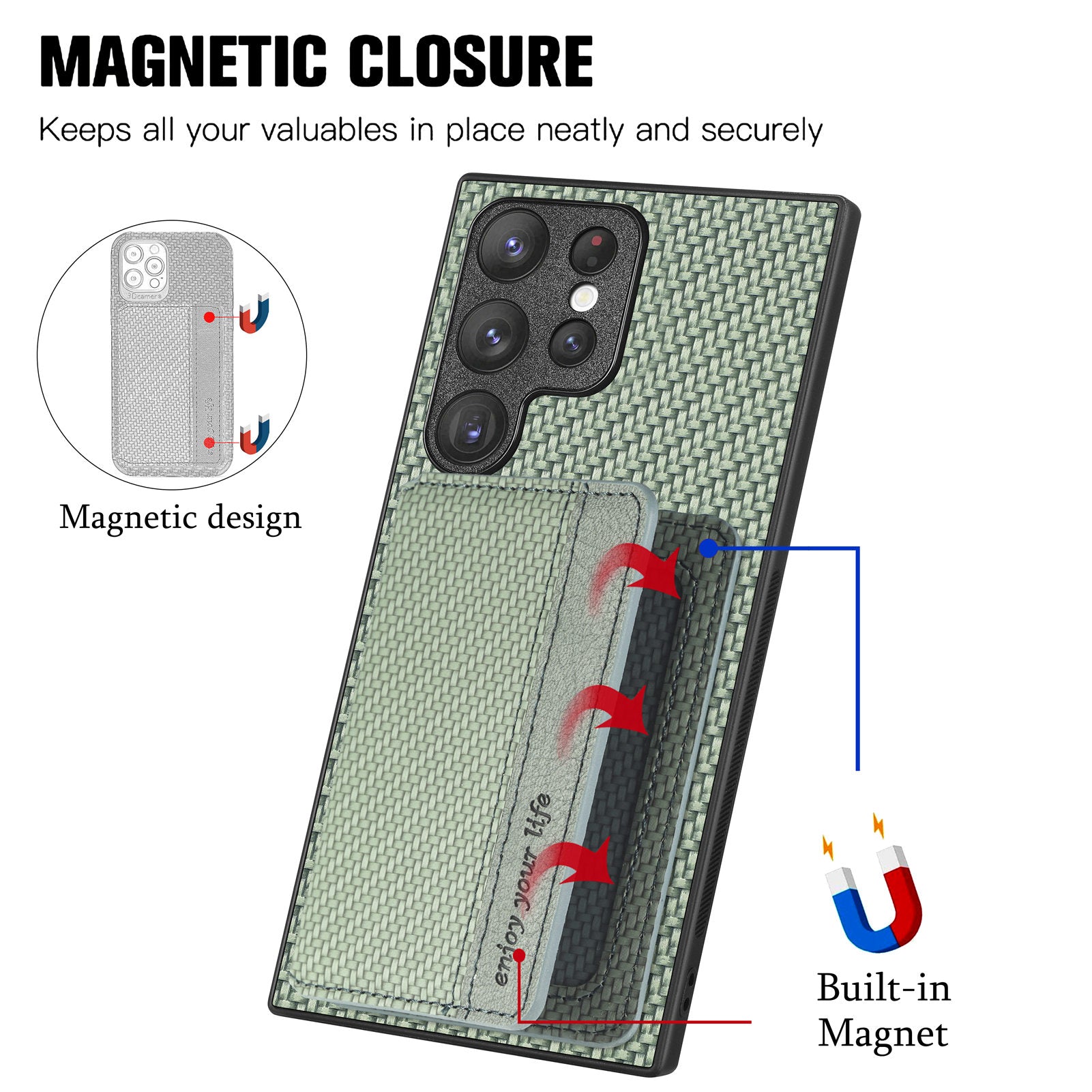 Drop-proof Phone Cover For Samsung Galaxy S23 Ultra Carbon Fiber Texture Magnetic RFID Blocking Wallet PU Leather Coated TPU Phone Case Kickstand