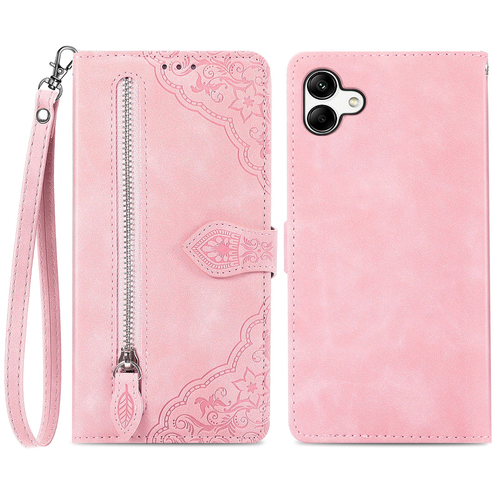 For Samsung Galaxy A04 4G (164.4 x 76.3 x 9.1 mm) Flower Imprinted Pattern Flip Phone Case Wallet Stand PU Leather Zipper Pocket Drop Protection Phone Cover