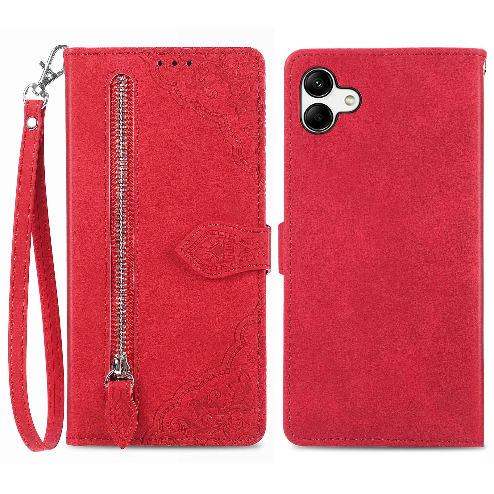 For Samsung Galaxy A04 4G (164.4 x 76.3 x 9.1 mm) Flower Imprinted Pattern Flip Phone Case Wallet Stand PU Leather Zipper Pocket Drop Protection Phone Cover