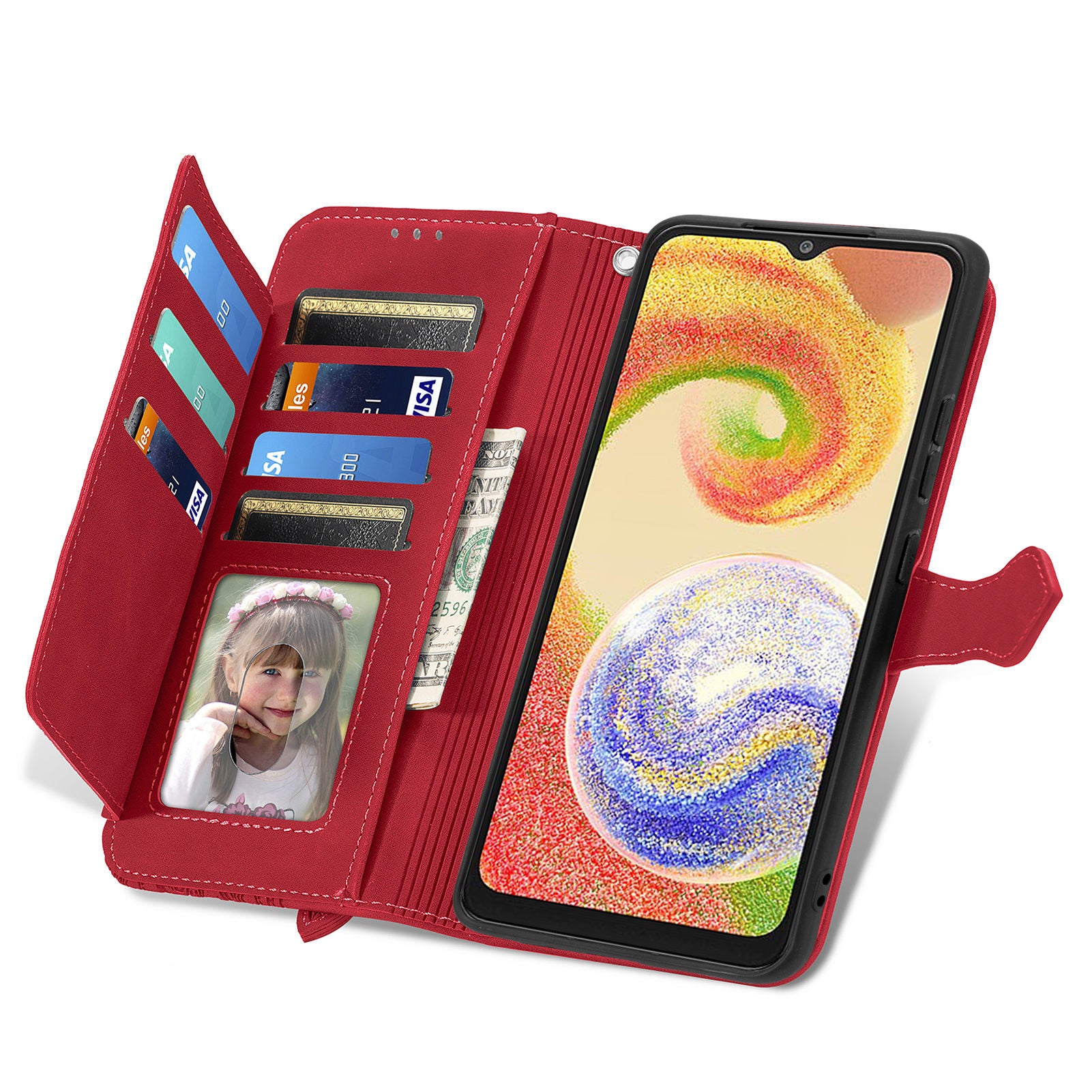 For Samsung Galaxy A04 4G (164.4 x 76.3 x 9.1 mm) Flower Imprinted Pattern Flip Phone Case Wallet Stand PU Leather Zipper Pocket Drop Protection Phone Cover