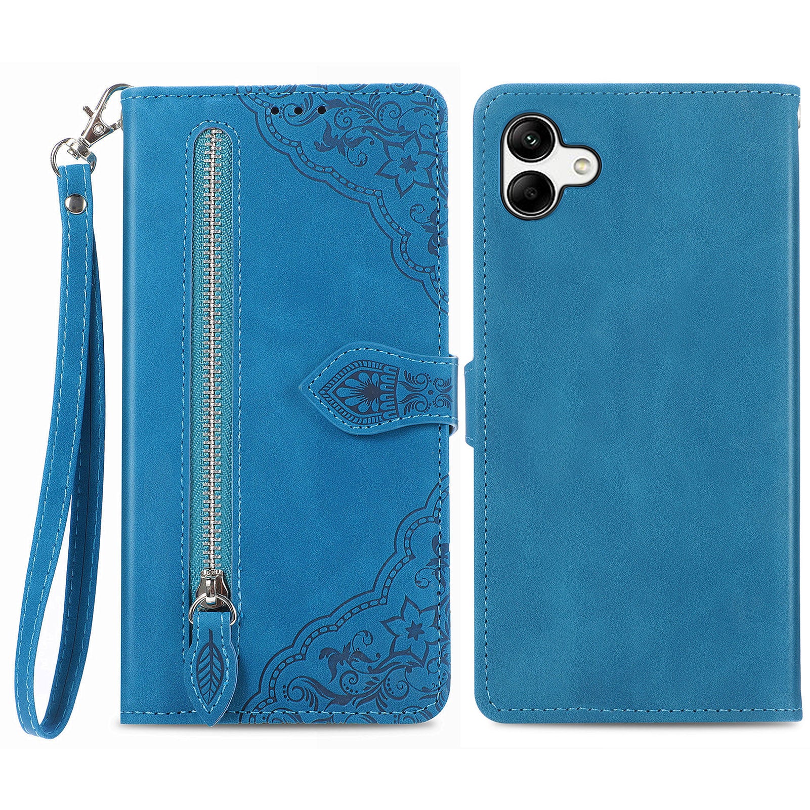For Samsung Galaxy A04 4G (164.4 x 76.3 x 9.1 mm) Flower Imprinted Pattern Flip Phone Case Wallet Stand PU Leather Zipper Pocket Drop Protection Phone Cover