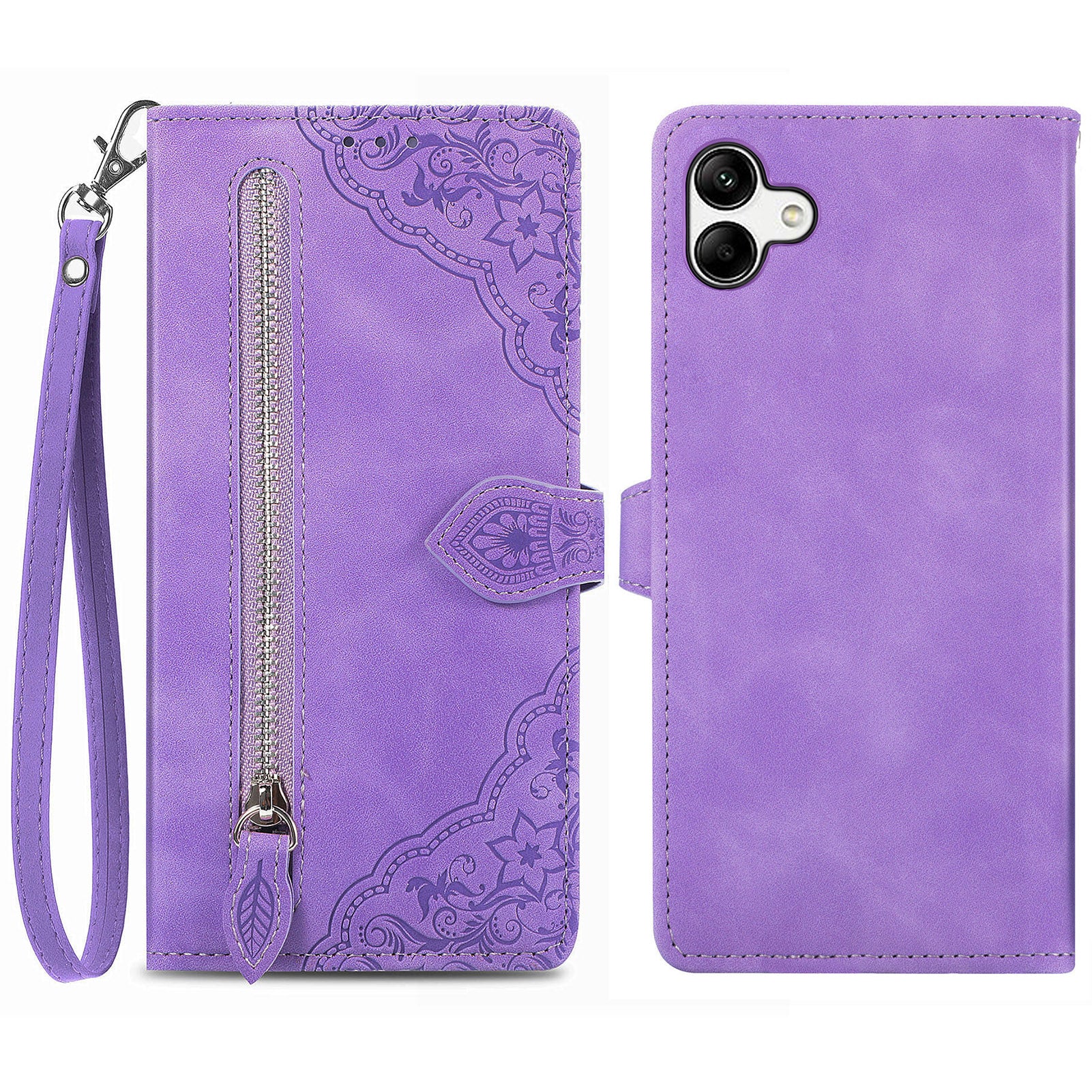 For Samsung Galaxy A04 4G (164.4 x 76.3 x 9.1 mm) Flower Imprinted Pattern Flip Phone Case Wallet Stand PU Leather Zipper Pocket Drop Protection Phone Cover