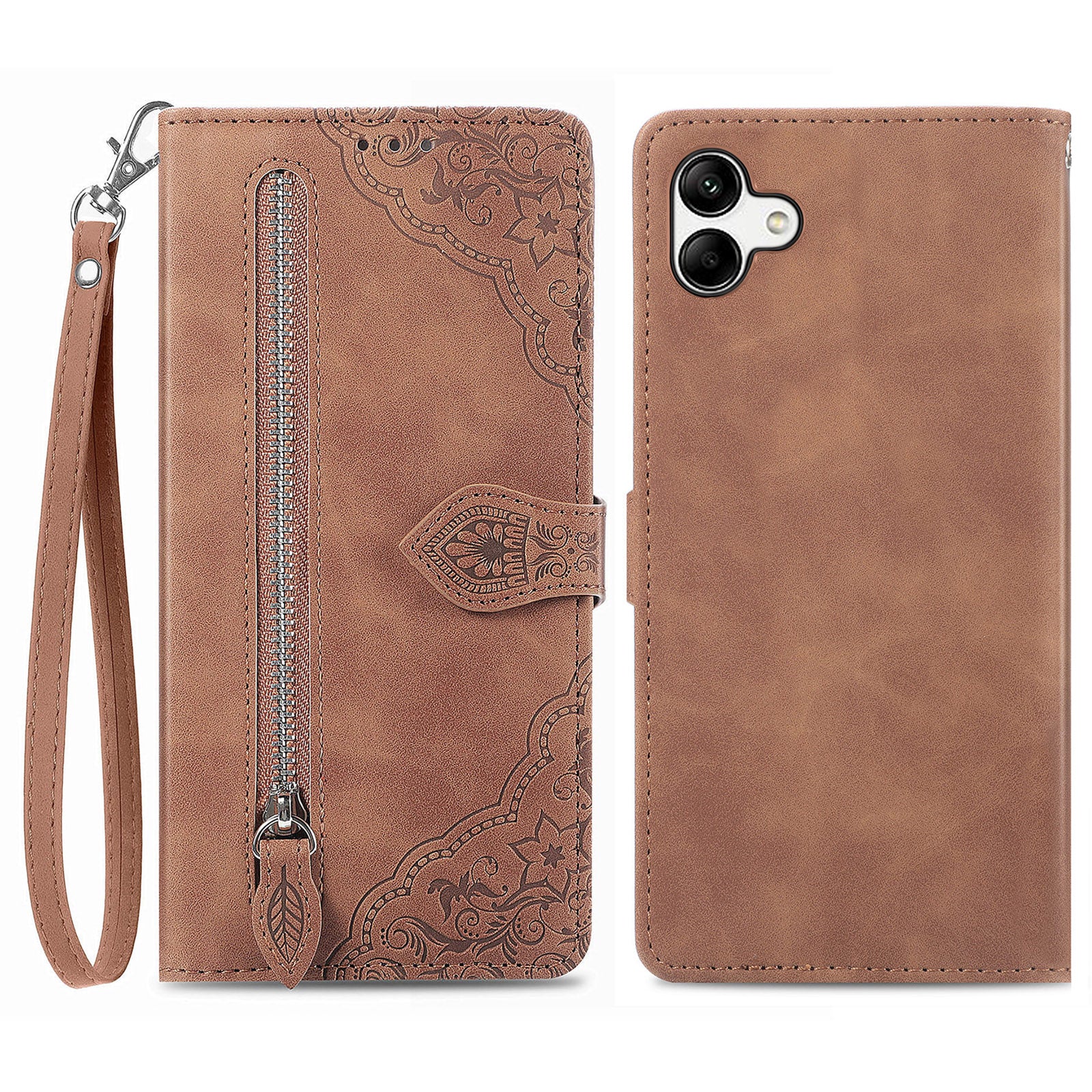 For Samsung Galaxy A04 4G (164.4 x 76.3 x 9.1 mm) Flower Imprinted Pattern Flip Phone Case Wallet Stand PU Leather Zipper Pocket Drop Protection Phone Cover
