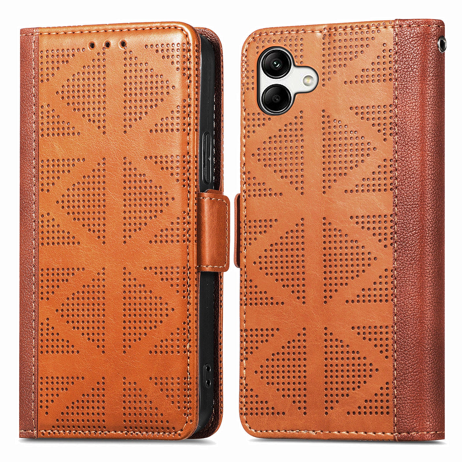For Samsung Galaxy A04 4G (164.4 x 76.3 x 9.1 mm) Wallet Cover Stand Cross Triangle Shape Imprinted Phone Case Flip Leather Side Magnetic Clasp Phone Shell