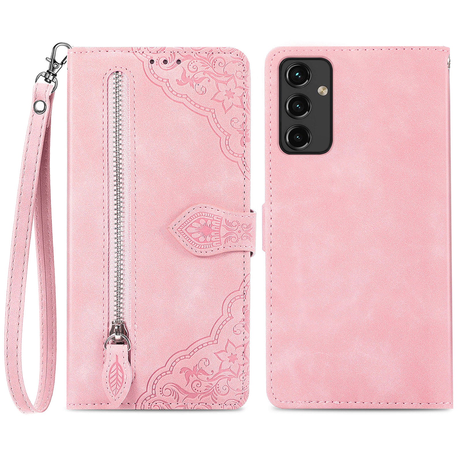 For Samsung Galaxy A14 5G A14 4G Drop Protection Flip Phone Case Wallet Stand Flower Imprinted PU Leather Zipper Pocket Phone Cover