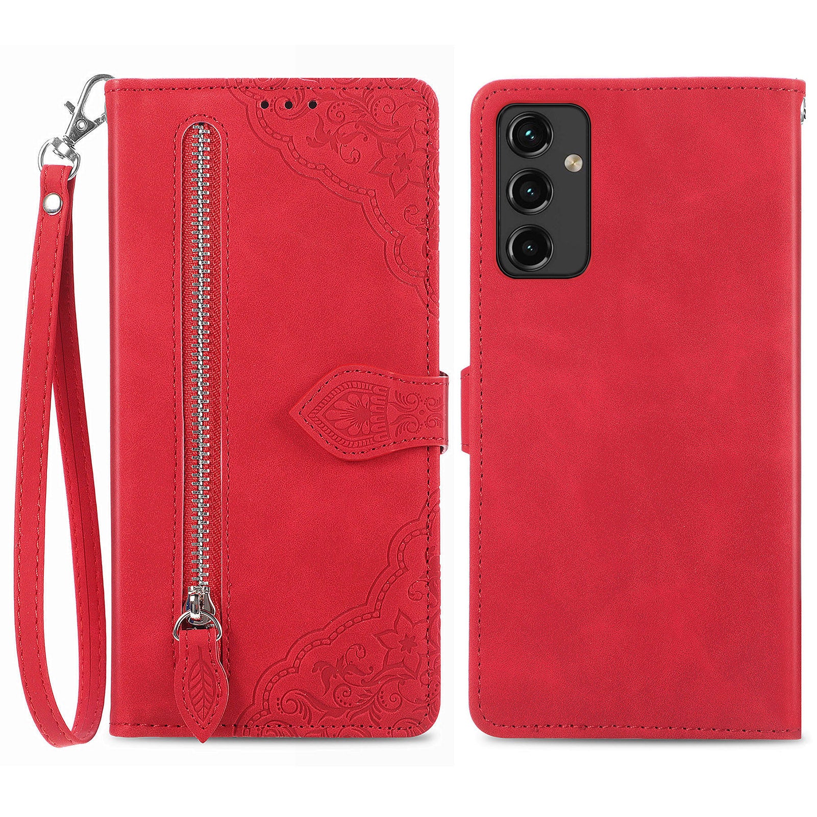 Til Samsung Galaxy A14 5G A14 4G Faldbeskyttelse Flip Phone Case Pungholder Blomsterpåtrykt PU læder lynlås lommetelefoncover