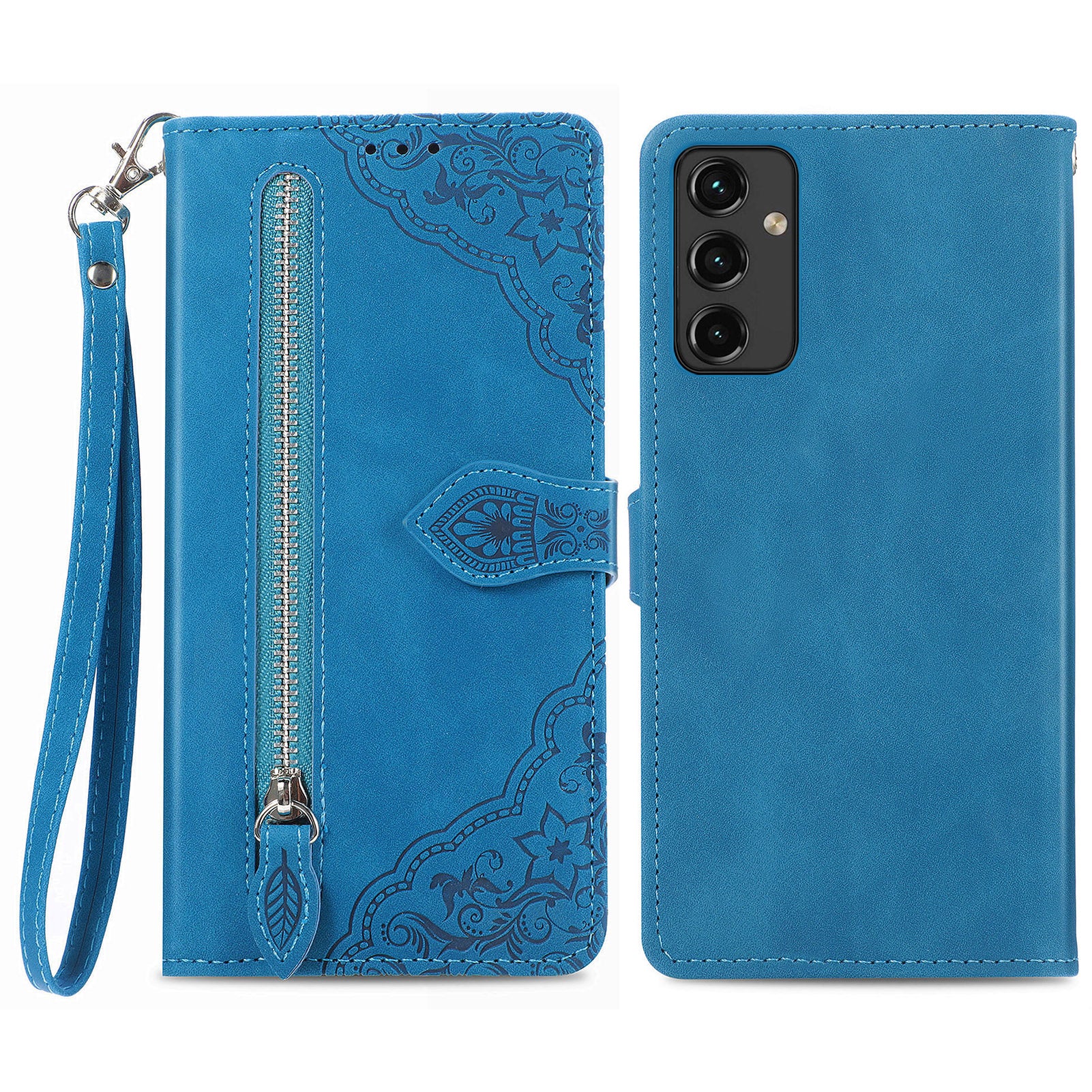Til Samsung Galaxy A14 5G A14 4G Faldbeskyttelse Flip Phone Case Pungholder Blomsterpåtrykt PU læder lynlås lommetelefoncover