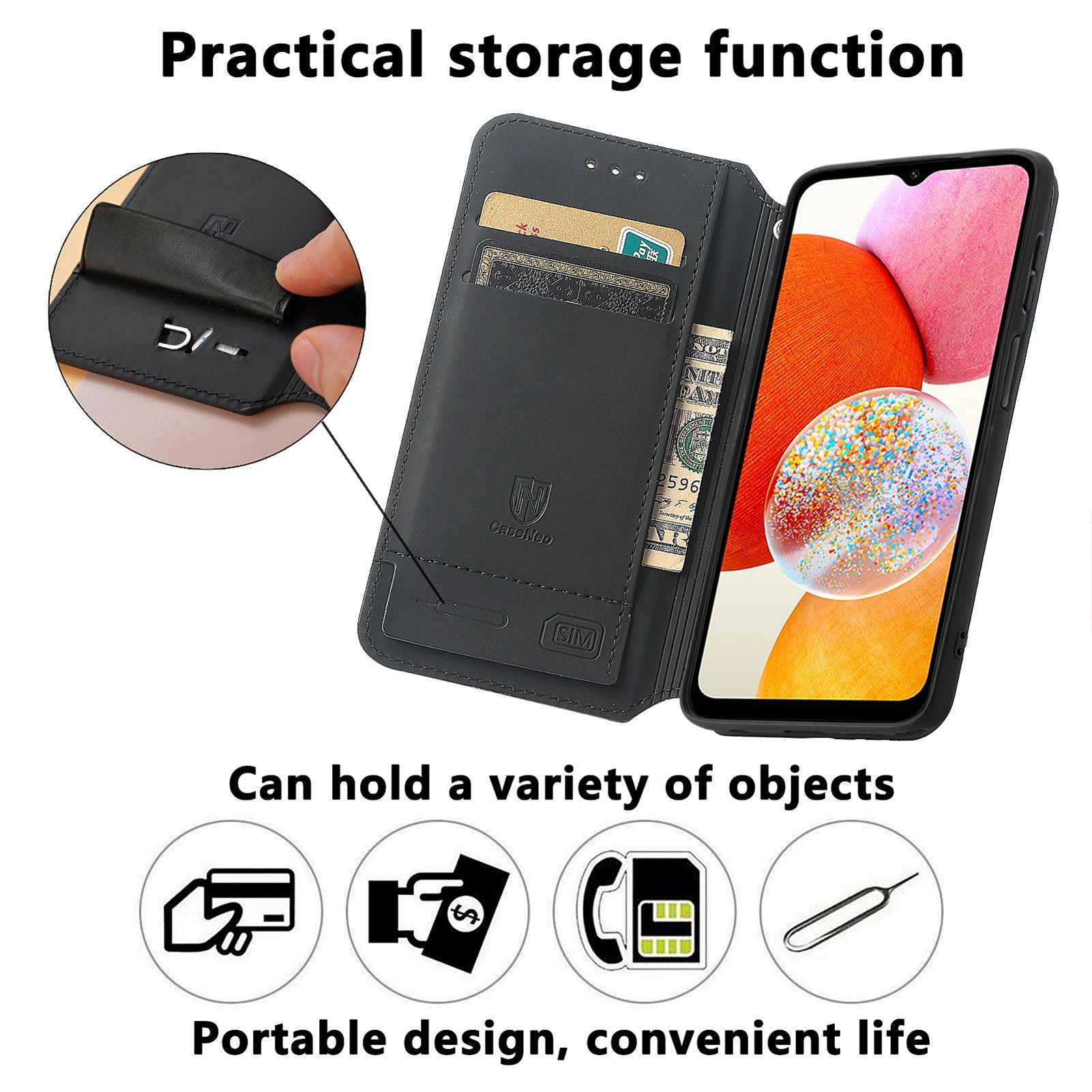 CASENEO 001-serien til Samsung Galaxy A14 5G A14 4G Anti-ridse PU-læder RFID-blokerende tegnebog Etui Mønster Udskrivning Magnetisk Absorptionsstand Telefoncover