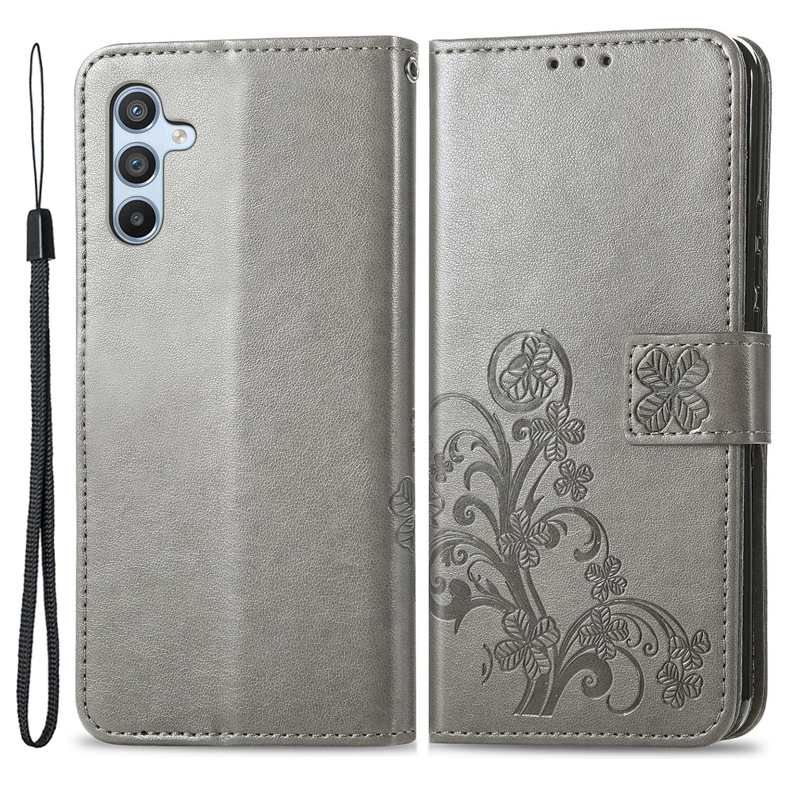 For Samsung Galaxy A14 5G A14 4G PU Leather Four-leaf Clover Imprinted Full Protection Phone Case Stand Wallet Anti-scratch Phone Cover with Wrist Strap