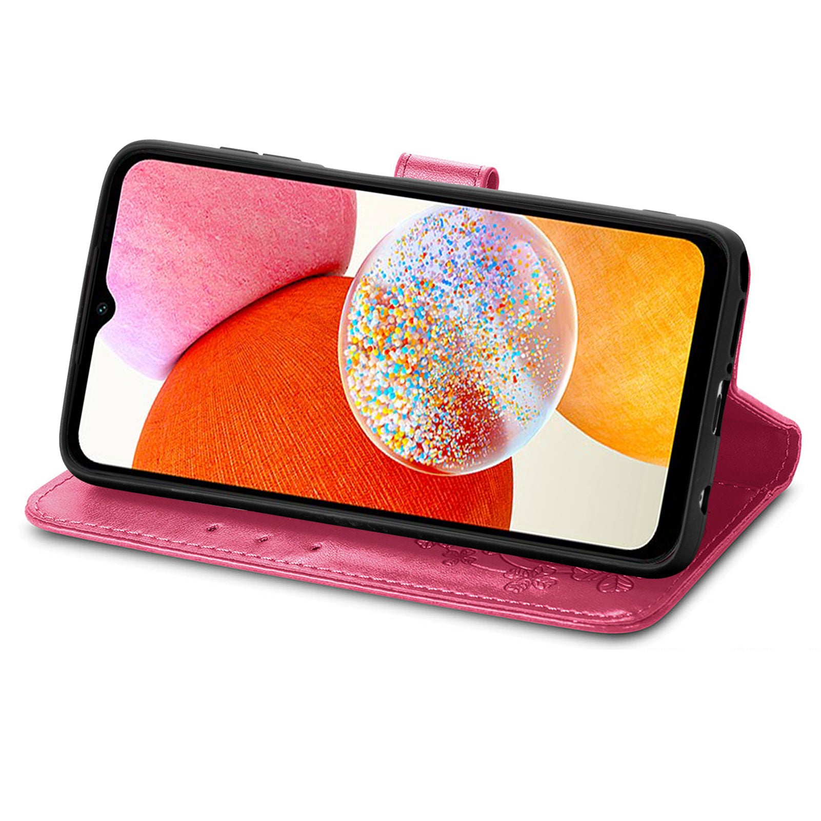 Til Samsung Galaxy A14 5G A14 4G PU læder firkløver præget fuld beskyttelse Telefonetui Stand tegnebog Anti-ridse telefoncover med håndledsstrop