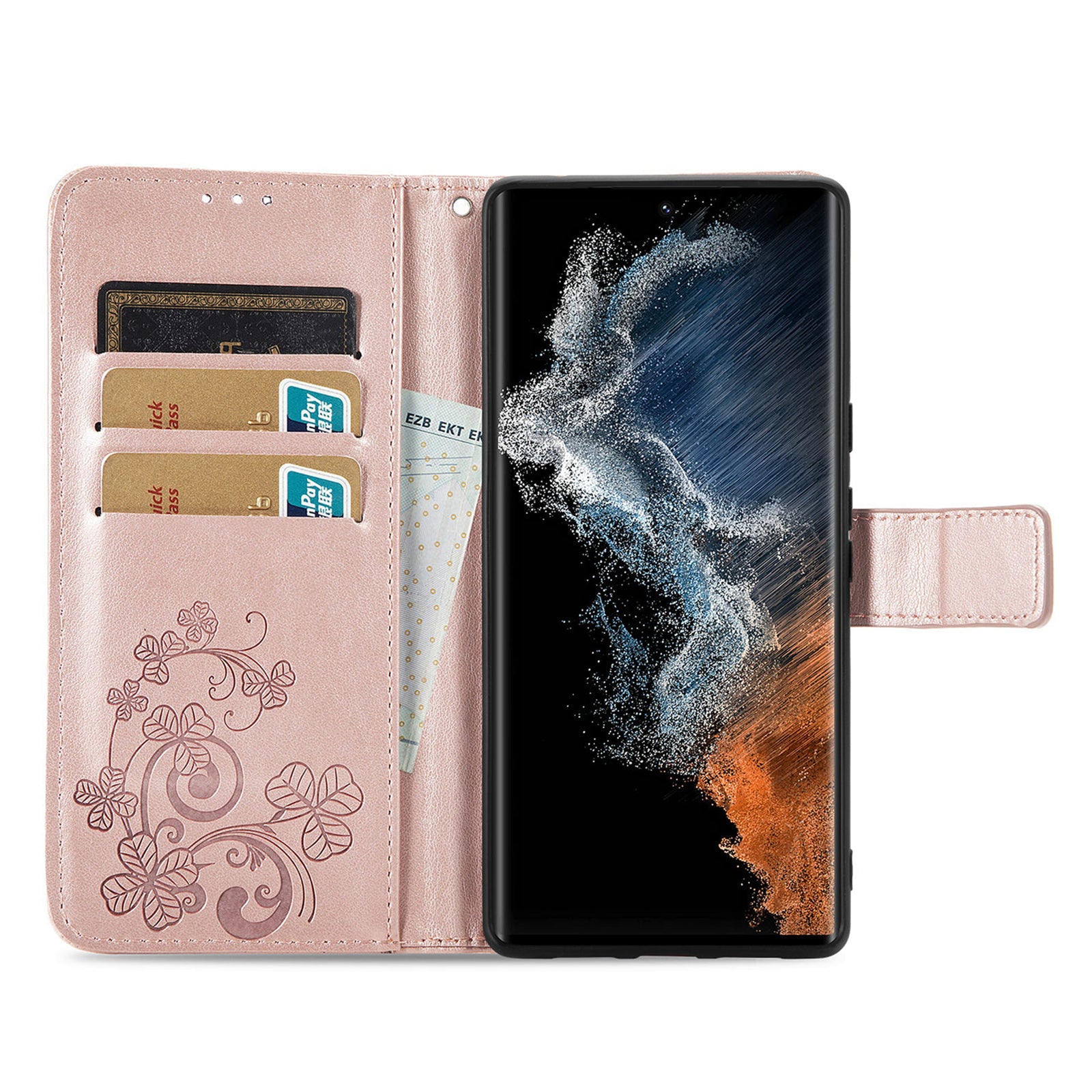 For Samsung Galaxy S23 Ultra Four-leaf Clover Imprinted Phone Case Stand Drop-proof Phone Flip Leather Wallet Cover with Wrist Strap