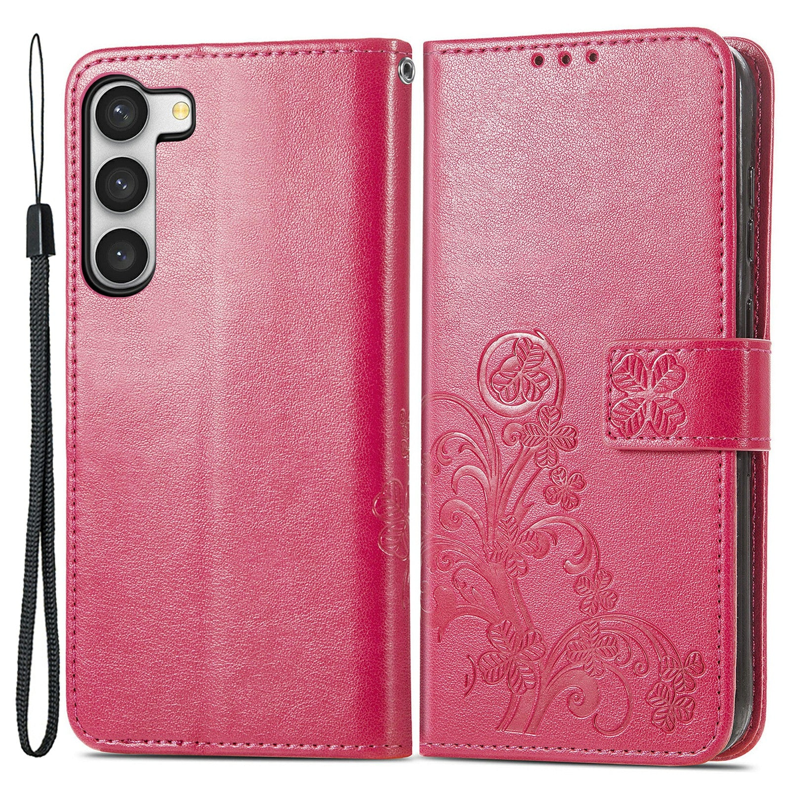 For Samsung Galaxy S23 Phone Flip Leather Wallet Cover Four-leaf Clover Imprinted Full Protection Phone Case Stand with Wrist Strap