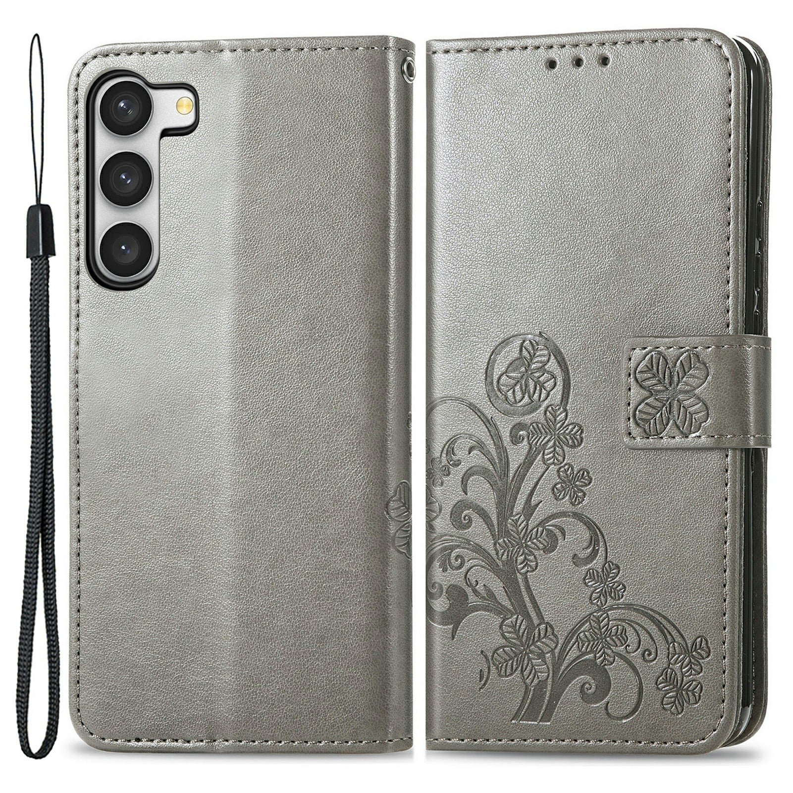 For Samsung Galaxy S23 PU Leather Four-leaf Clover Imprinted Phone Case Shockproof Magnetic Clasp Stand Wallet Phone Cover with Wrist Strap