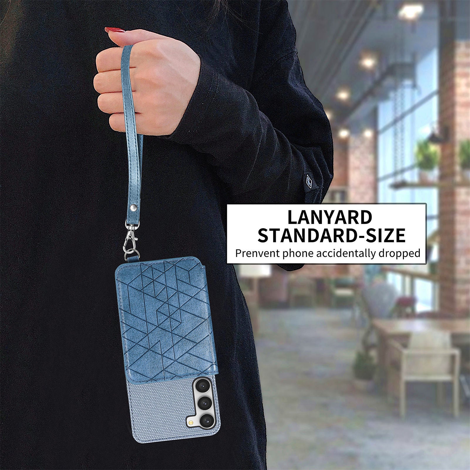 Phone Case with Strap for Samsung Galaxy S23 Kickstand Design Drop-proof Geometry Imprinted PU Leather TPU Wallet Cover