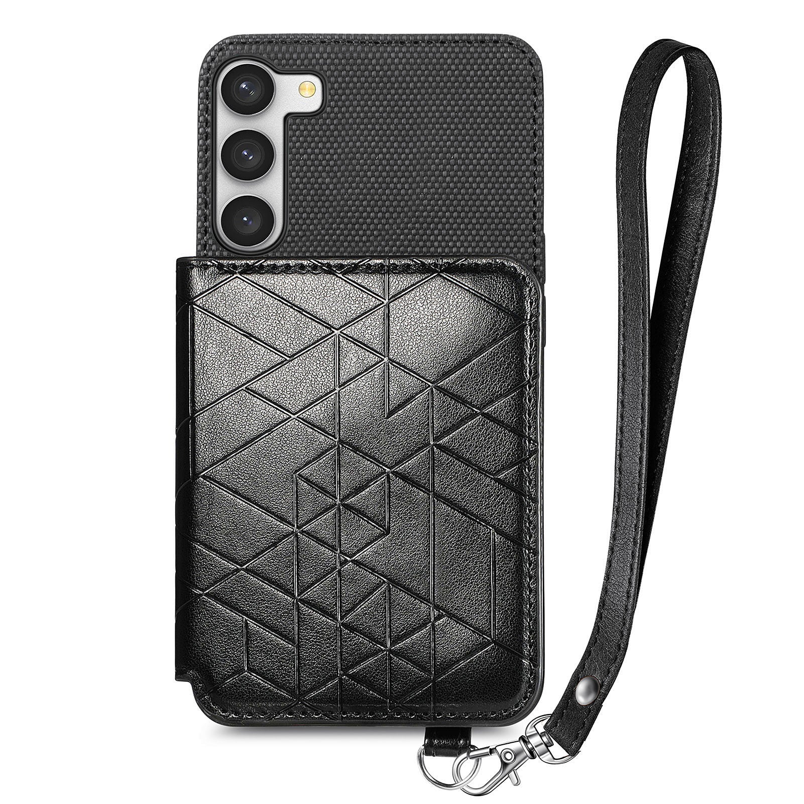 Phone Case with Strap for Samsung Galaxy S23 Kickstand Design Shockproof Geometry Imprinted PU Leather TPU Wallet Cover
