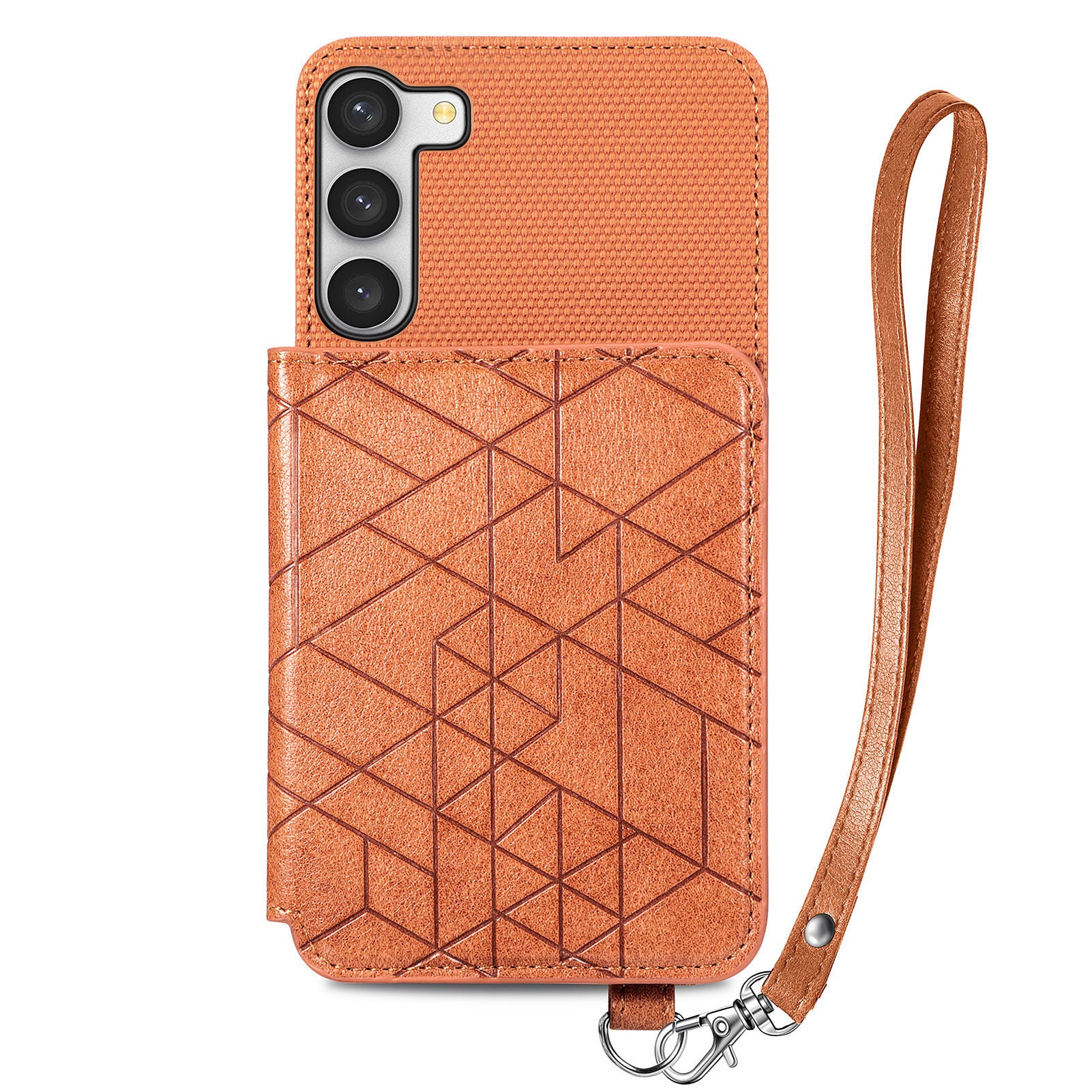 Phone Case with Strap for Samsung Galaxy S23 Kickstand Design Shockproof Geometry Imprinted PU Leather TPU Wallet Cover