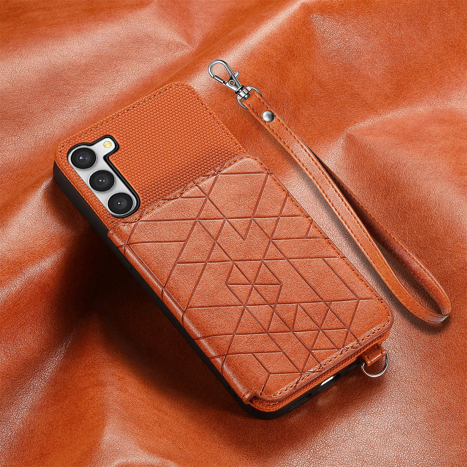 Phone Case with Strap for Samsung Galaxy S23 Kickstand Design Shockproof Geometry Imprinted PU Leather TPU Wallet Cover