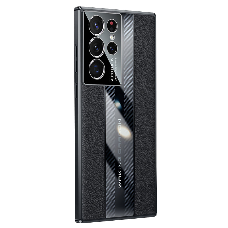 Supercar Series for Samsung Galaxy S23 Ultra Genuine Leather Coated PC Cover Electroplating Design Carbon Fiber Phone Case