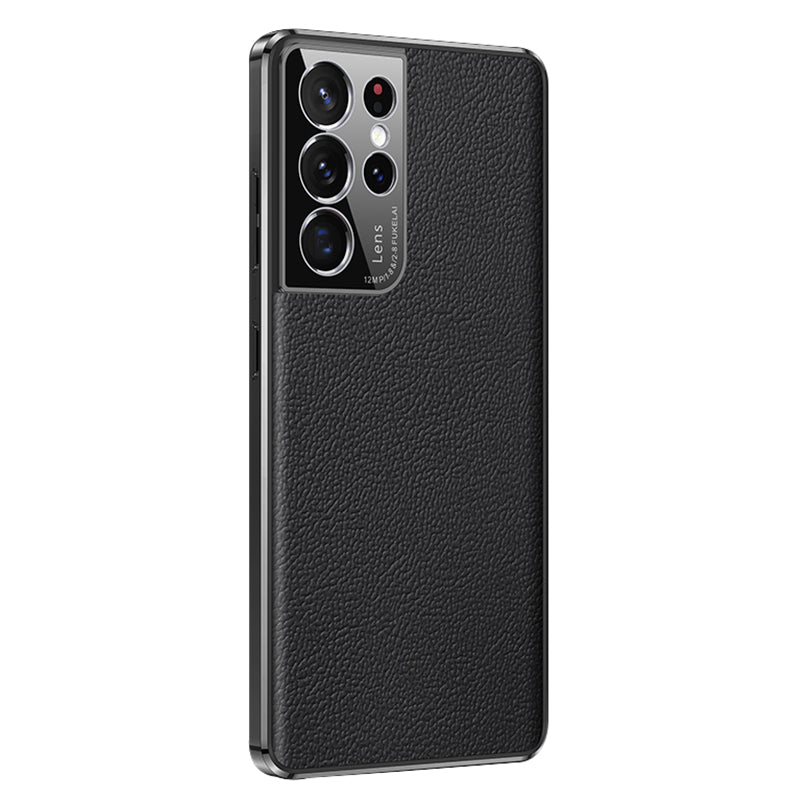 For Samsung Galaxy S23 Ultra Shockproof Phone Cover Camera Protection Genuine Leather Coated PC Electroplating Back Case