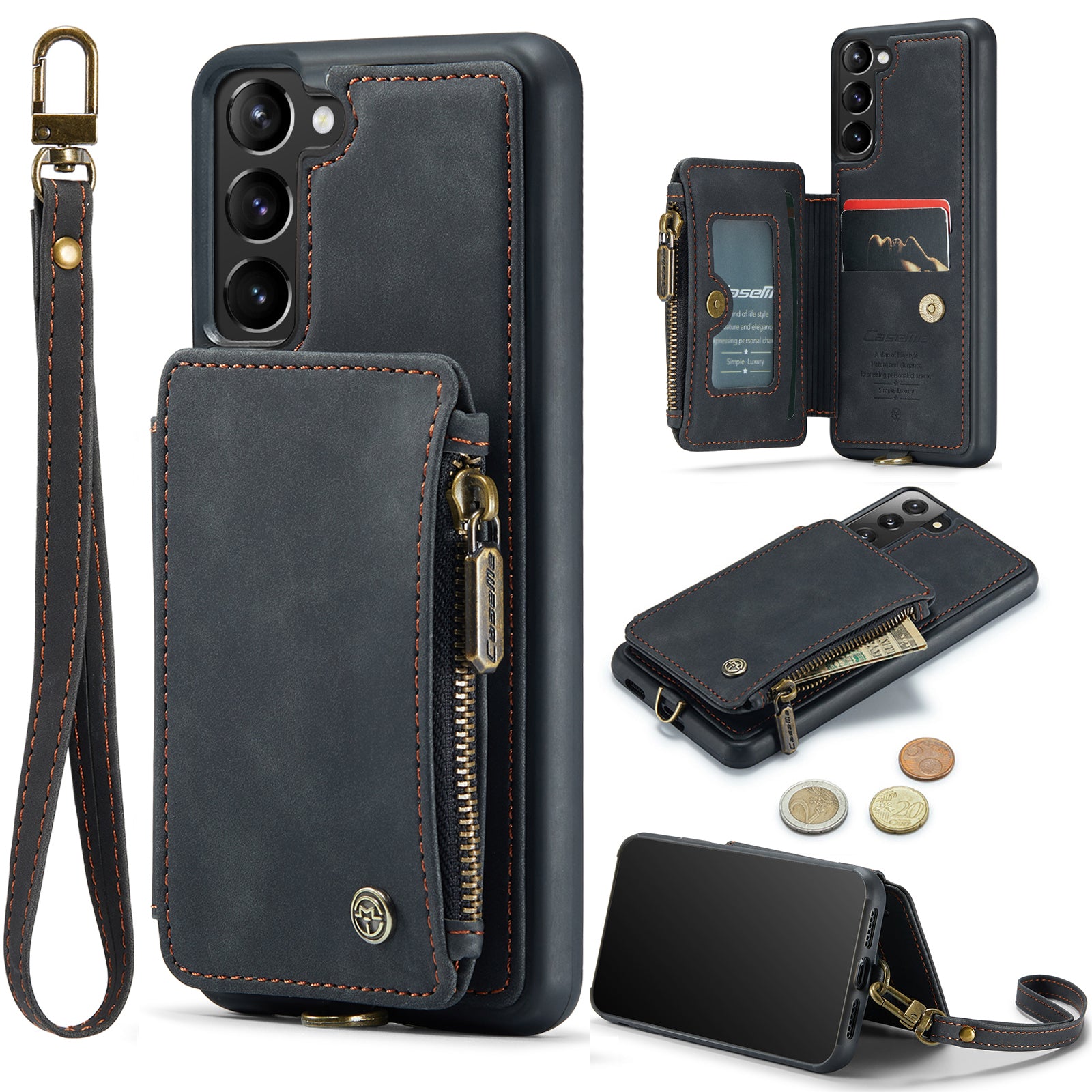 CASEME C20 Series for Samsung Galaxy S23 RFID Blocking Zipper Pocket PU Leather Coated TPU Shockproof Phone Cover with Wallet Kickstand