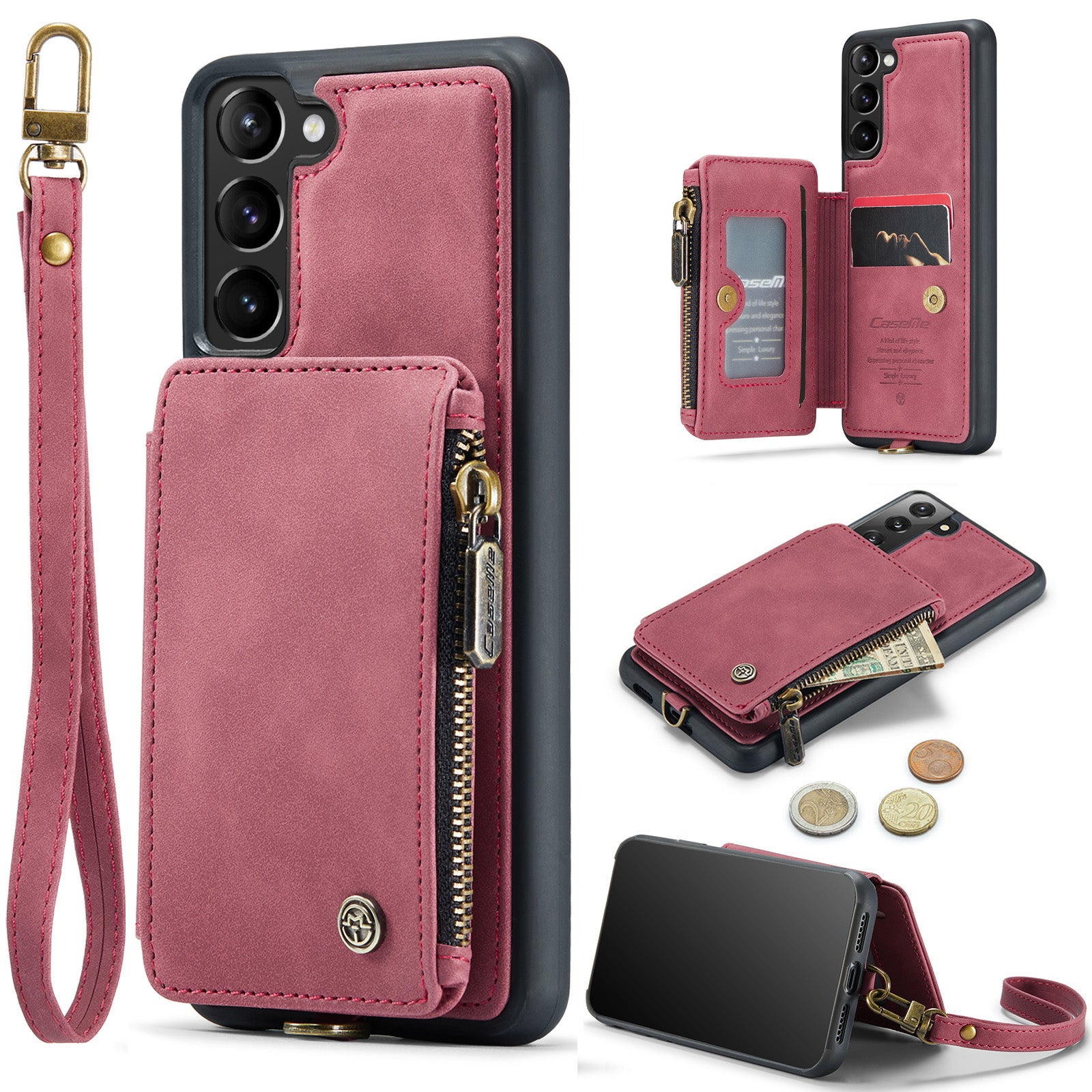 CASEME C20 Series for Samsung Galaxy S23 RFID Blocking Zipper Pocket PU Leather Coated TPU Shockproof Phone Cover with Wallet Kickstand