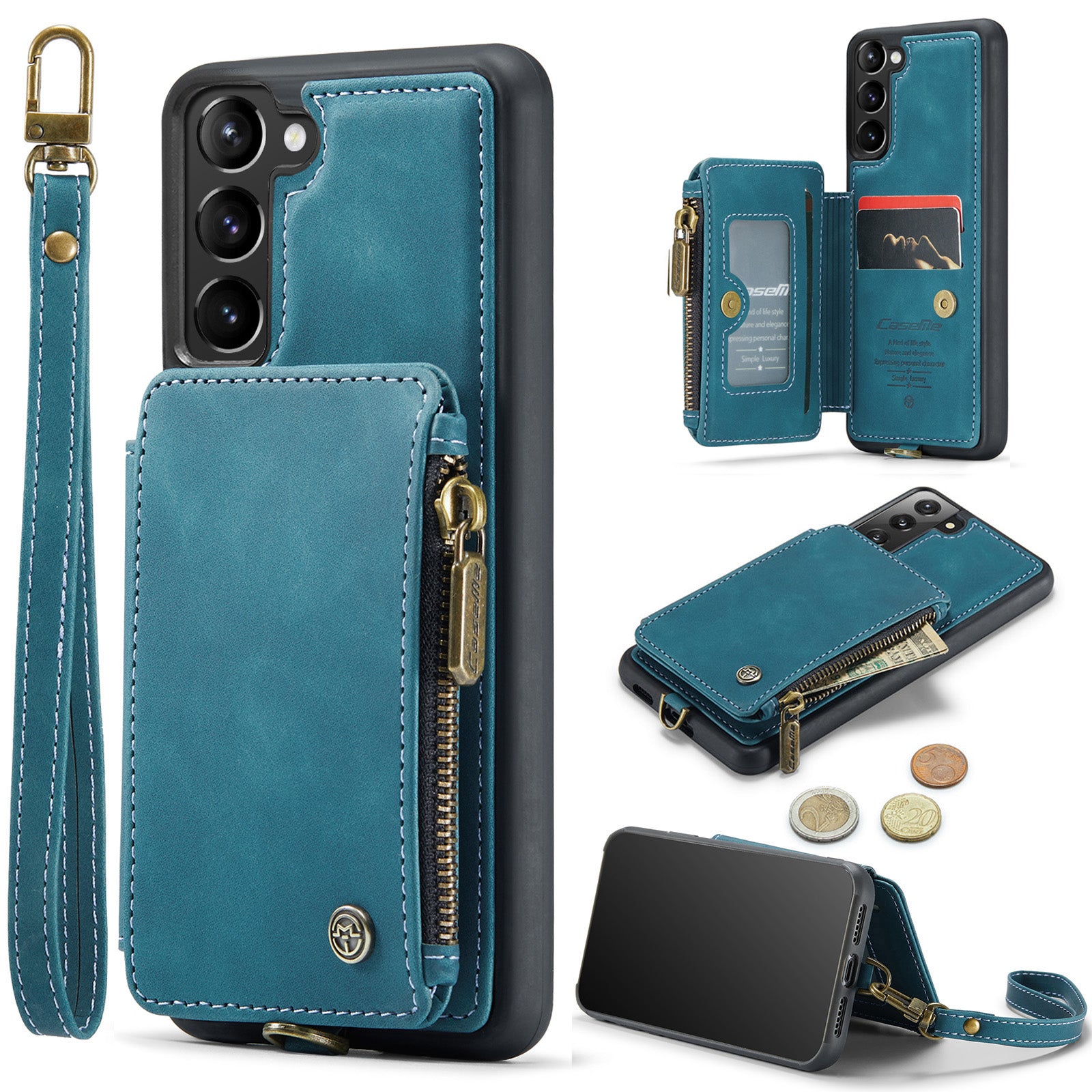 CASEME C20 Series for Samsung Galaxy S23 RFID Blocking Anti-scratch Phone Case Zipper Pocket PU Leather Coated TPU Phone Cover Wallet Kickstand