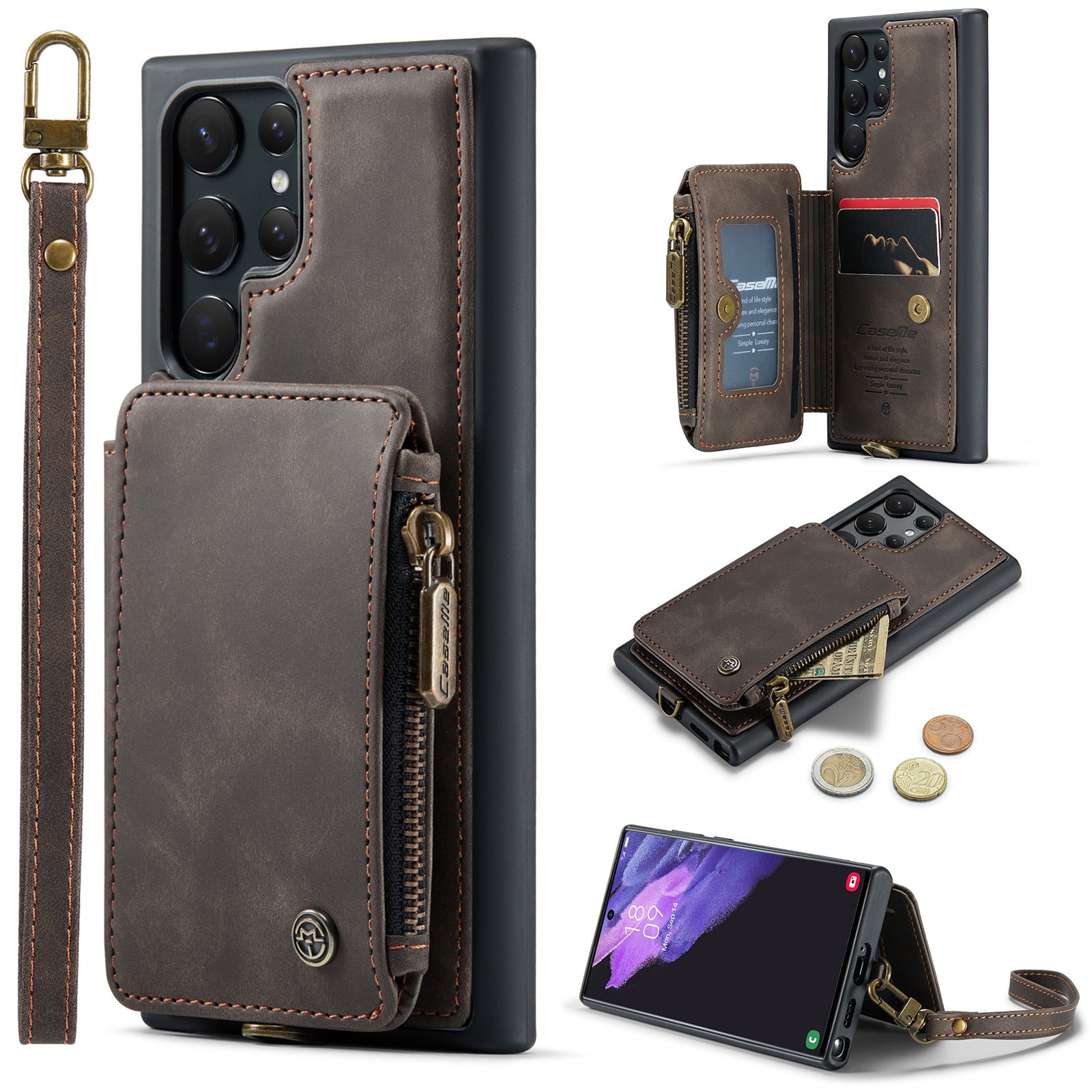 CASEME C20 Series Anti-drop Phone Case for Samsung Galaxy S23 Ultra RFID Blocking Zipper Pocket Protective Phone Cover Wallet Kickstand