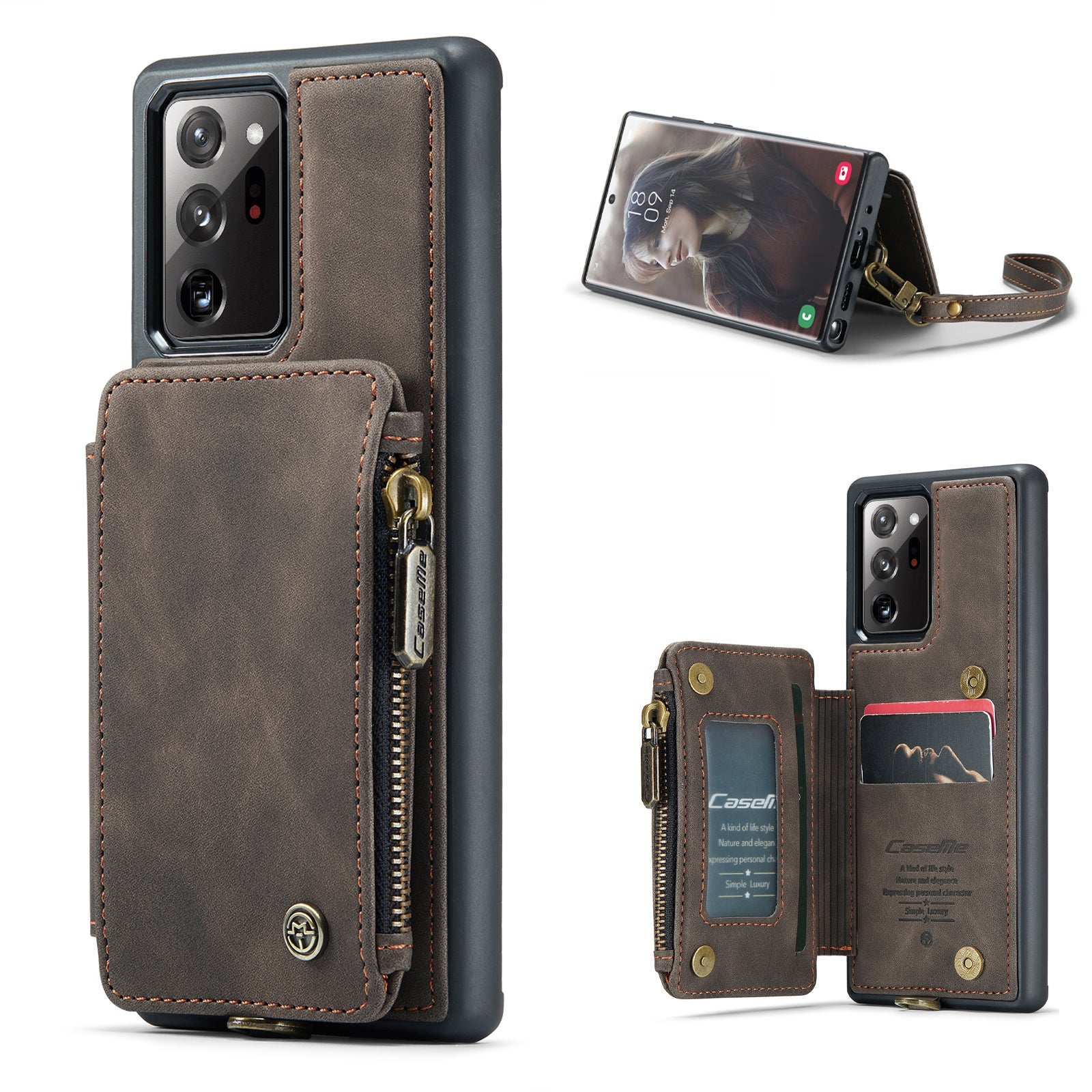 CASEME C20 Series for Samsung Galaxy Note20 Ultra Note20 Ultra 5G RFID Blocking Zipper Pocket Anti-drop Phone Case Anti-scratch Back Cover Wallet Kickstand