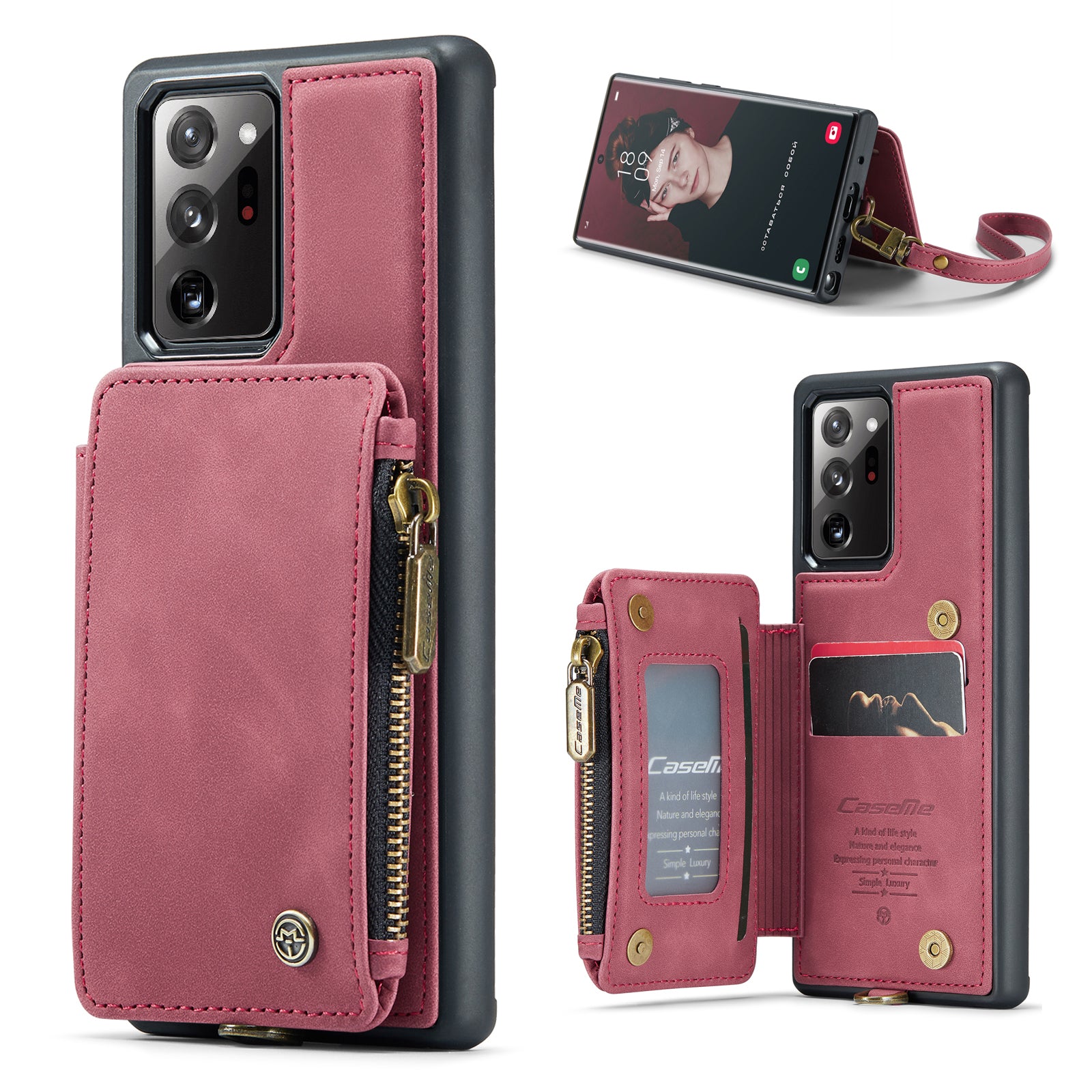 CASEME C20 Series for Samsung Galaxy Note20 Ultra Note20 Ultra 5G RFID Blocking Zipper Pocket Anti-drop Phone Case Anti-scratch Back Cover Wallet Kickstand